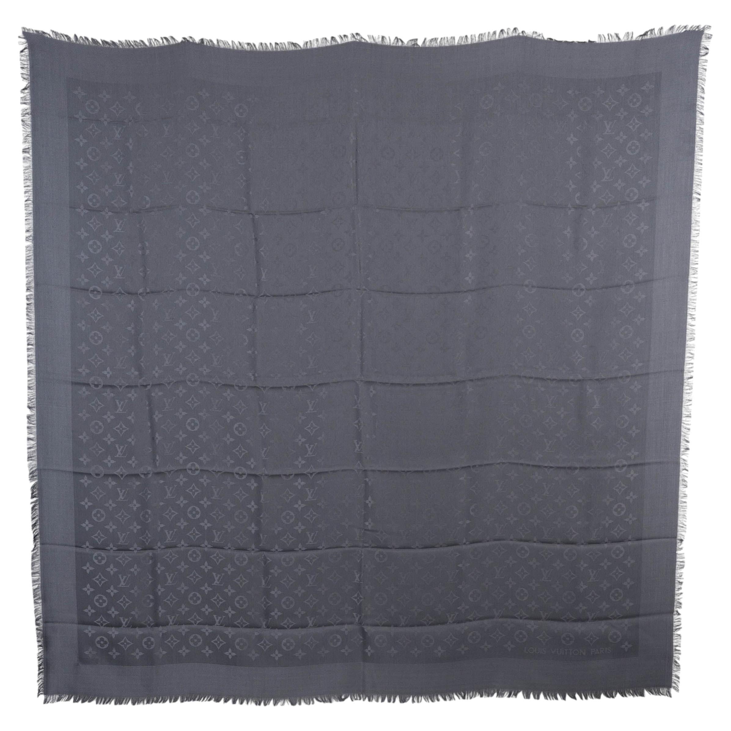 LOUIS VUITTON grey silk wool MONOGRAM 140 Shawl Scarf For Sale