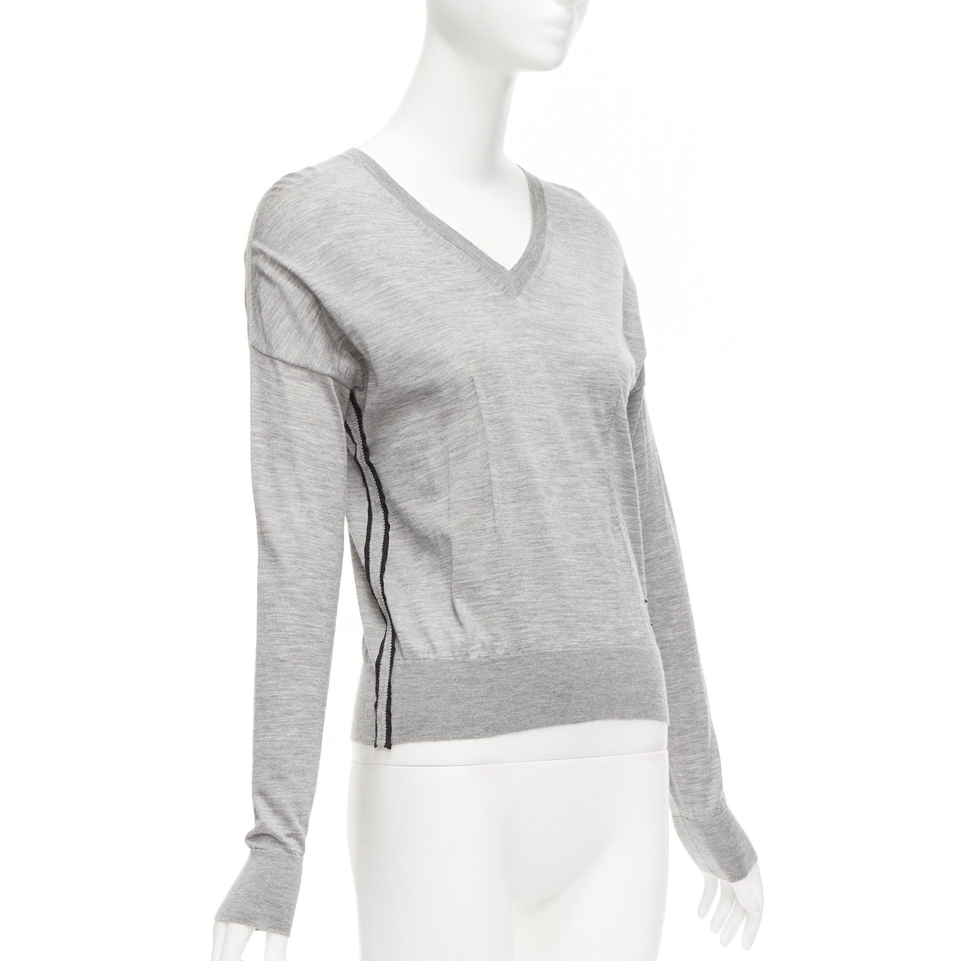 LOUIS VUITTON grey soft knit black beaded LV logo V neck pullover top In Excellent Condition For Sale In Hong Kong, NT