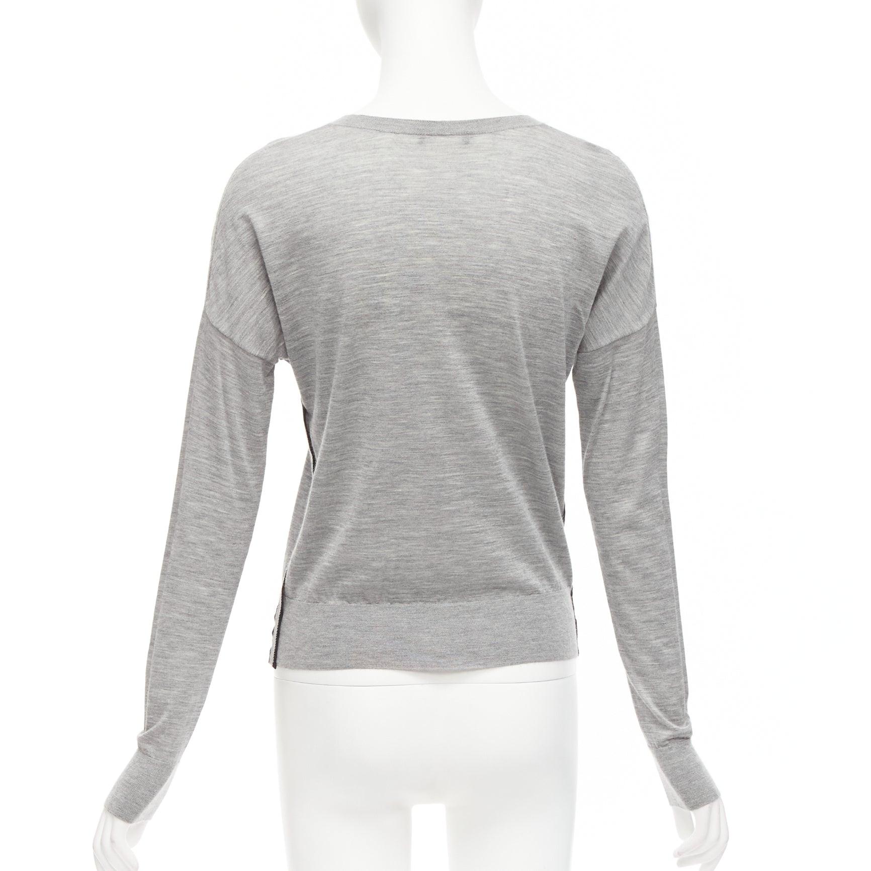 LOUIS VUITTON grey soft knit black beaded LV logo V neck pullover top For Sale 1