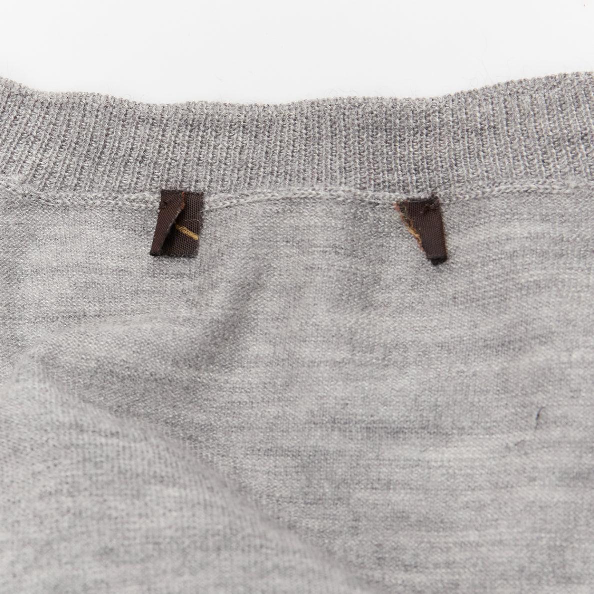 LOUIS VUITTON grey soft knit black beaded LV logo V neck pullover top 3