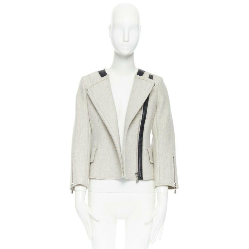 Gray LOUIS VUITTON grey wool blend cashmere lambskin leather panels biker jacket FR36