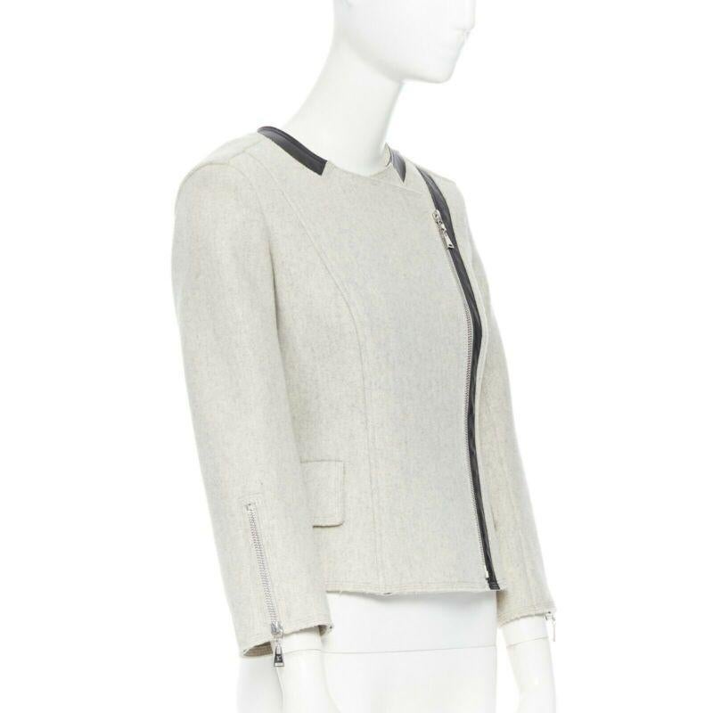 LOUIS VUITTON grey wool blend cashmere lambskin leather panels biker jacket FR36 In Good Condition In Hong Kong, NT