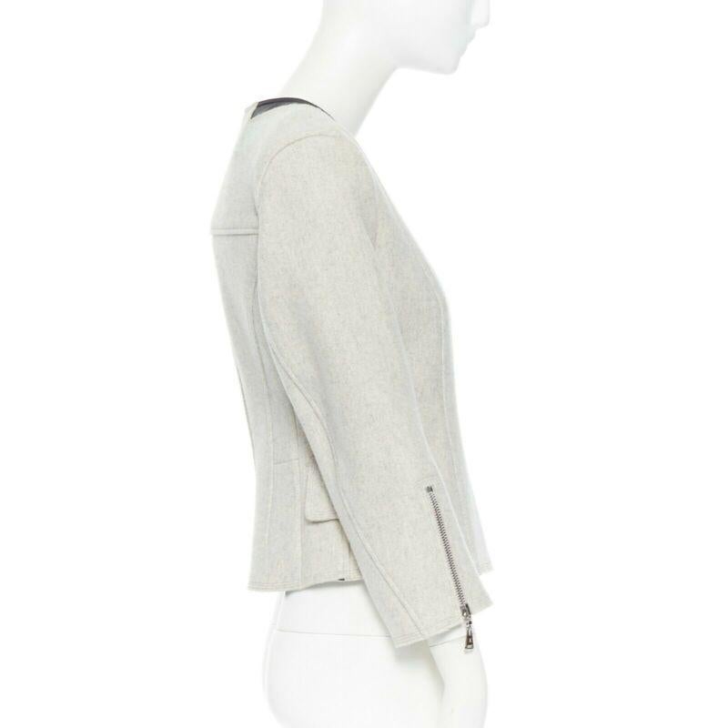 Women's LOUIS VUITTON grey wool blend cashmere lambskin leather panels biker jacket FR36 For Sale