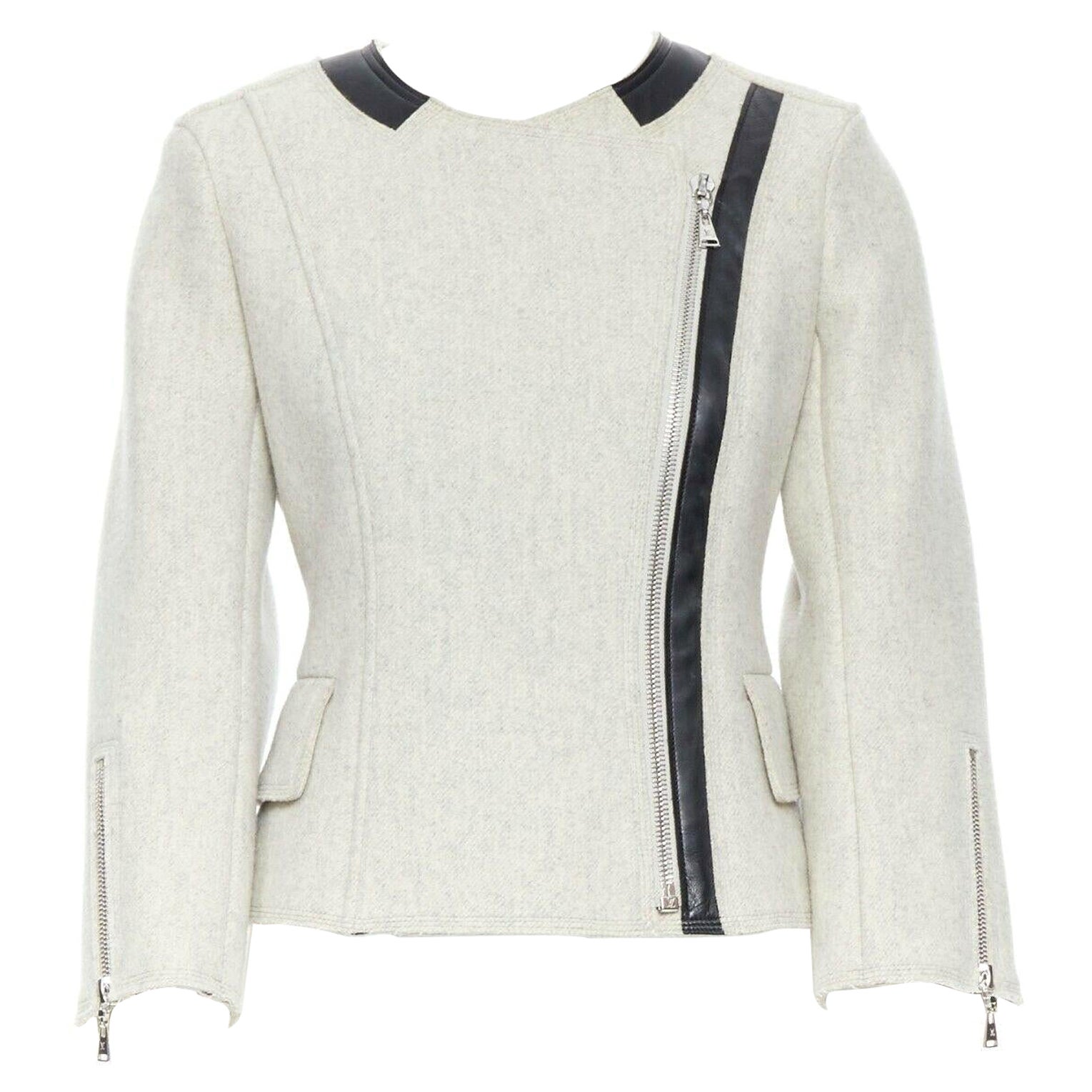 Louis Vuitton - Veste de motard grise à panneaux en laine mélangée et cuir d
agneau cashmere FR36