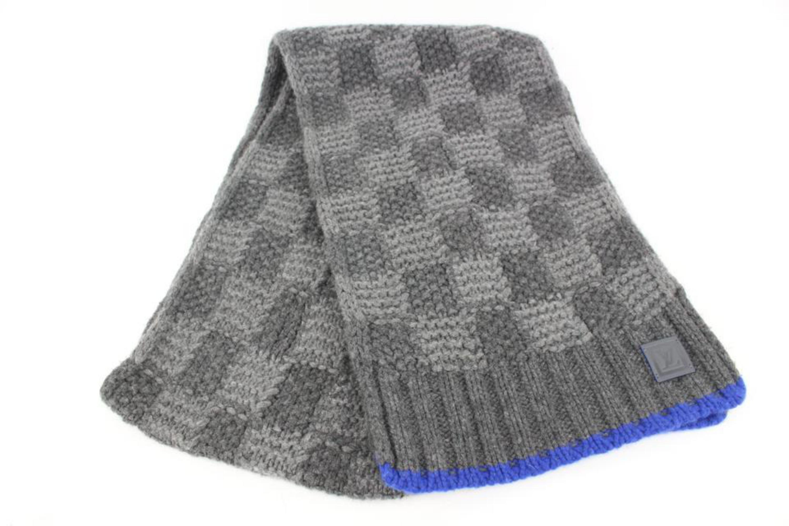 Women's or Men's Louis Vuitton Grey x Blue Cable Knit Cashmere Damier Helsinki Scarf 47lv22s
