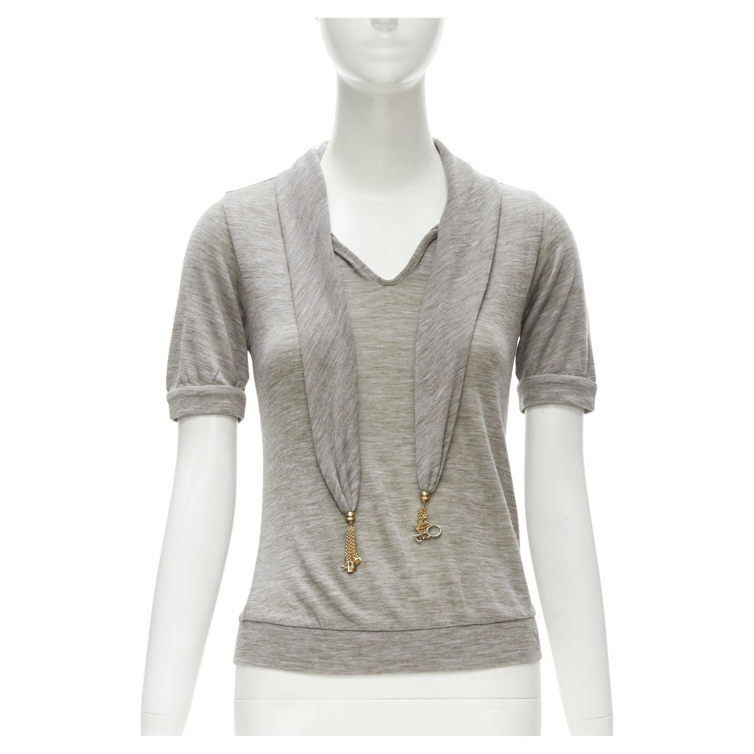 LOUIS VUITTON heather grey LVOE tassel charm scarf collar pullover top  S For Sale