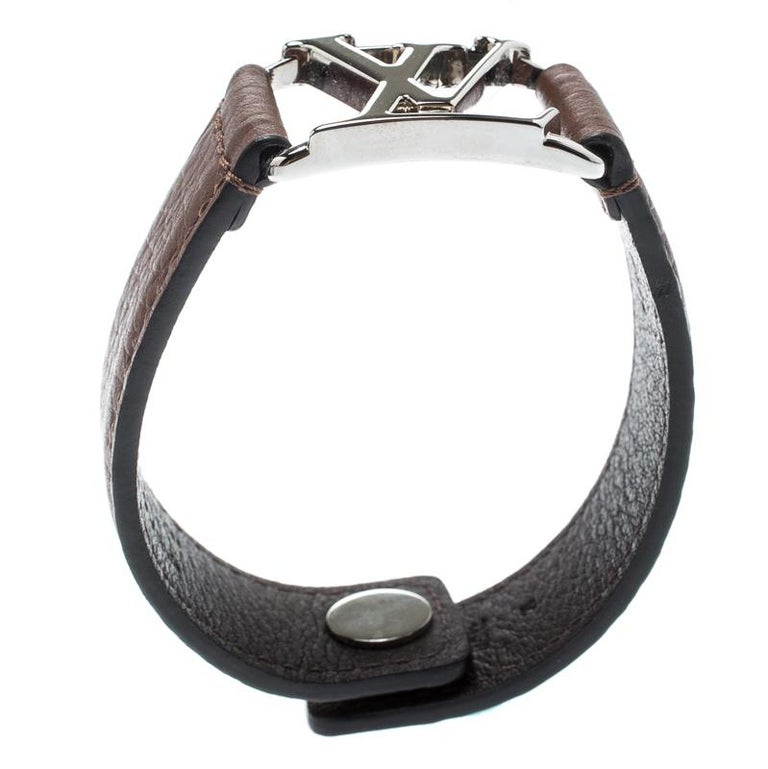 Louis Vuitton Hockenheim Brown Leather Silver Tone Bracelet For Sale at 1stdibs