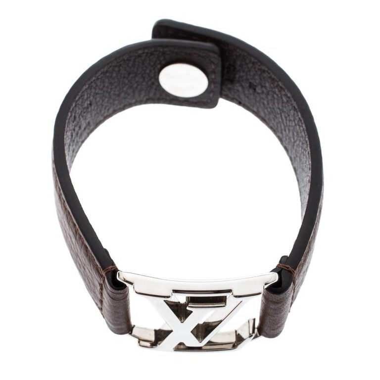 Louis Vuitton Hockenheim Brown Leather Silver Tone Bracelet For Sale at 1stdibs