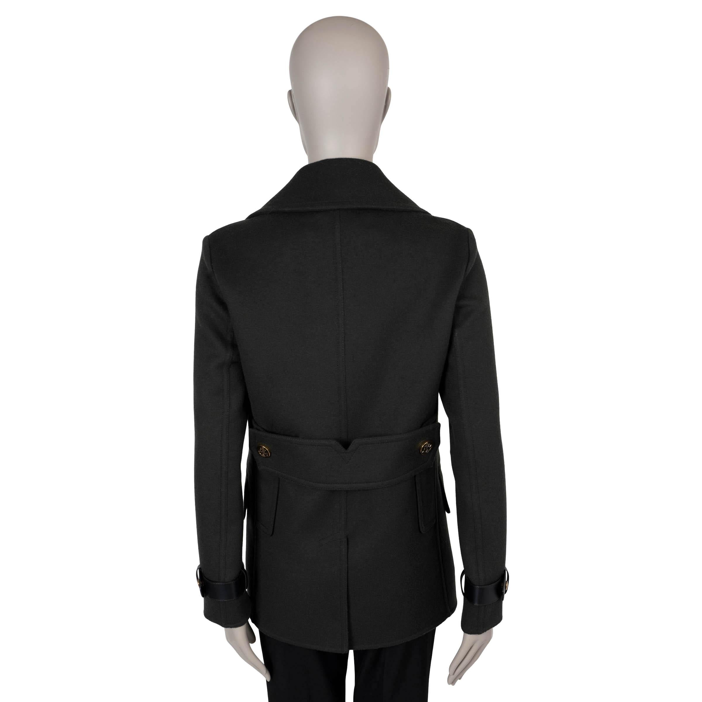 Black LOUIS VUITTON hunter green wool 2017 LEATHER DETAILED PEACOAT Coat Jacket 40 M