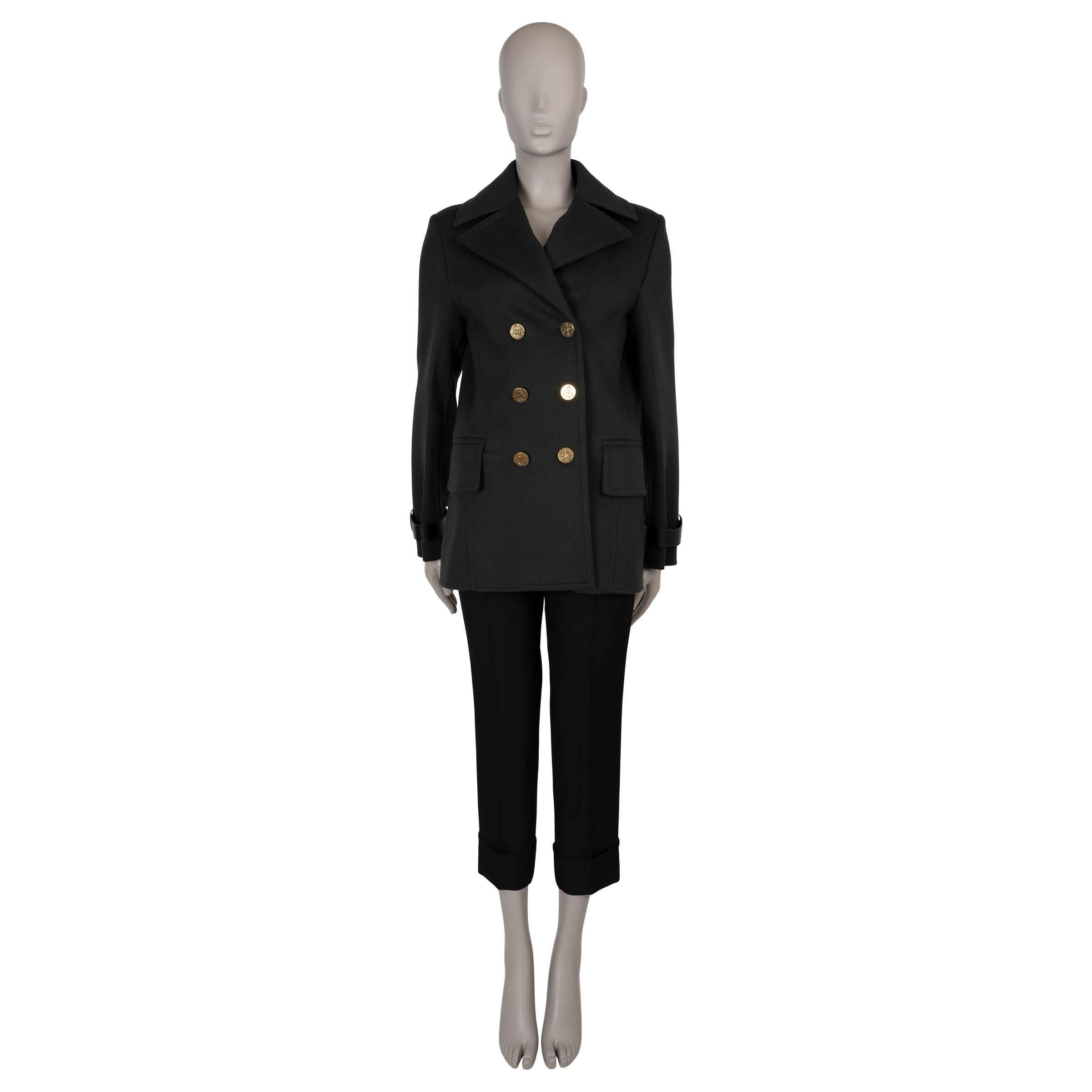LOUIS VUITTON hunter green wool 2017 LEATHER DETAILED PEACOAT Coat Jacket 40 M In New Condition In Zürich, CH