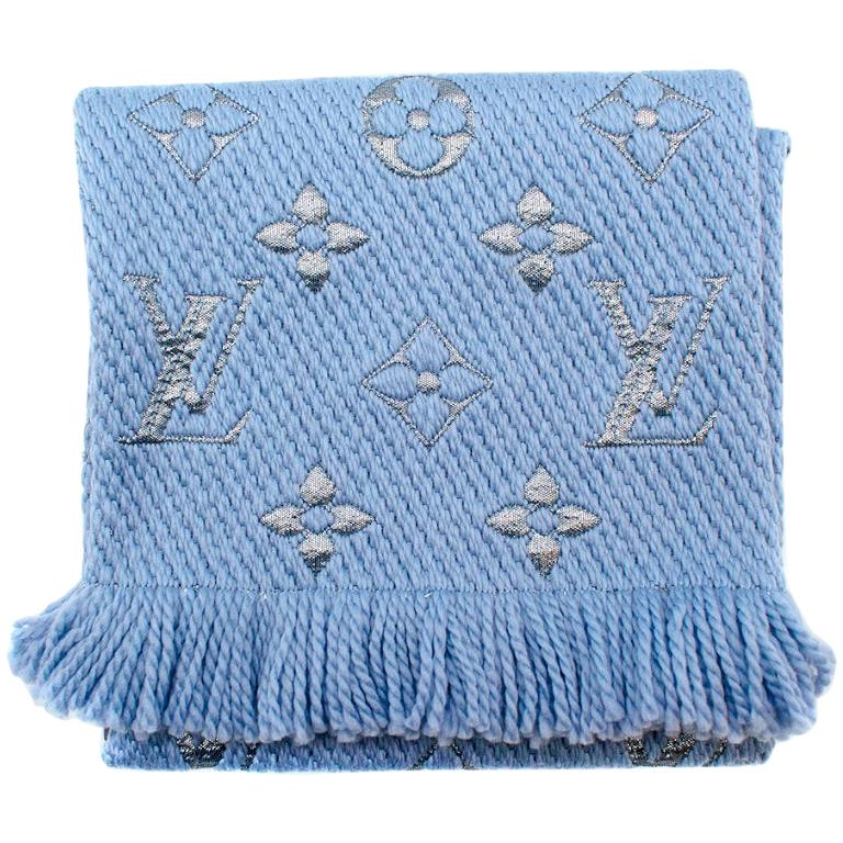 Louis Vuitton Ice Blue Wool & Silk Blend Logomania Shine Scarf