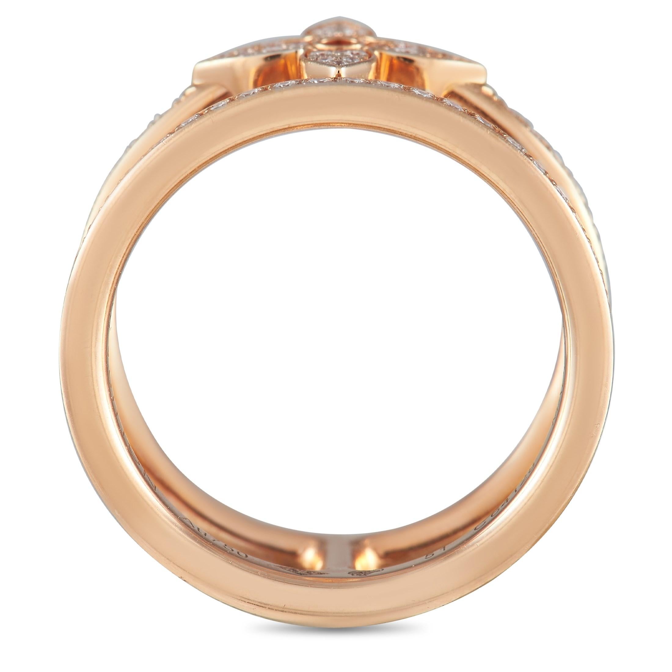 Express your refined sense of style through this Louis Vuitton Idylle Blossom 18K Rose Gold 0.56 ct Diamond Two Row Ring. A piece jewelry that is oh-so-elegant, this wide double row open band features sparkling diamond pavé and Louis Vuitton's