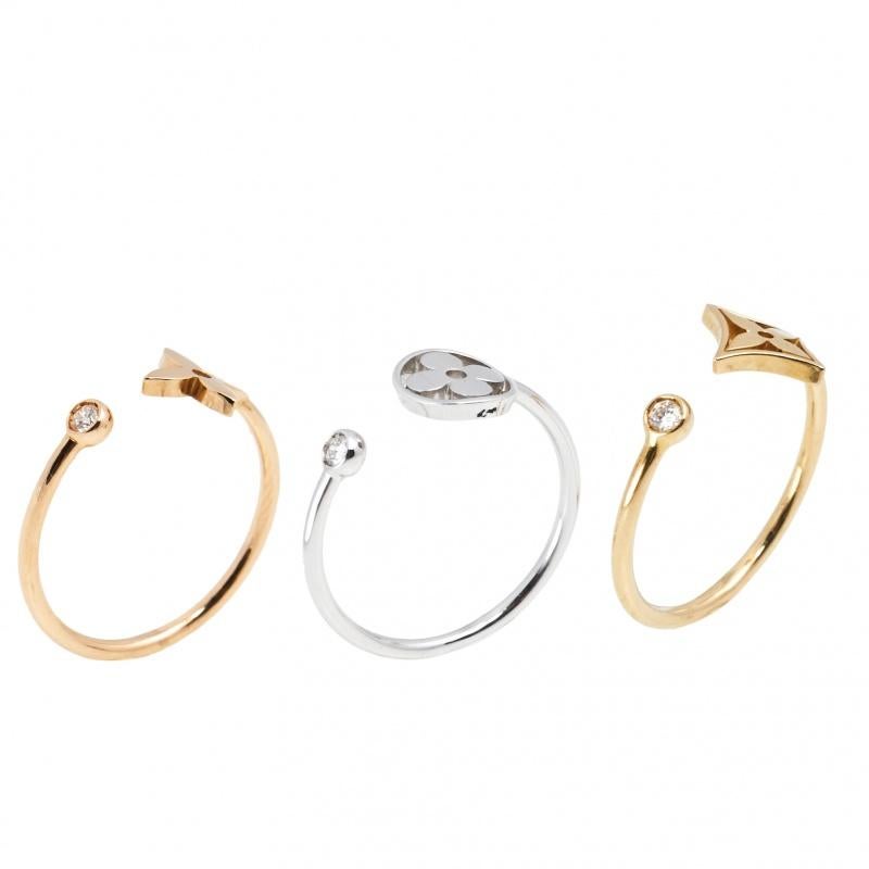 Louis Vuitton Idylle Blossom Diamond 18K Three Tone Gold Set of 3 Rings Size 57 In Good Condition In Dubai, Al Qouz 2