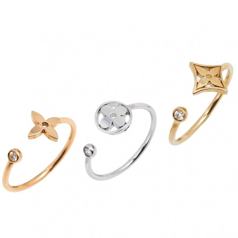 Women's Louis Vuitton Idylle Blossom Diamond 18K Three Tone Gold Set of 3 Rings Size 57