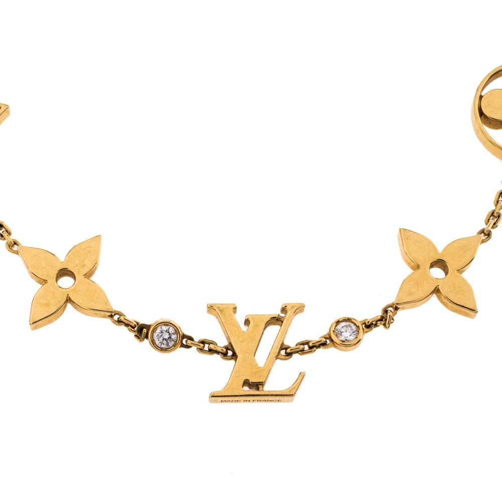 Show your love for fine artistry and luxury accessories with this stunning bracelet from Louis Vuitton. The Monogram flowers, created by Georges-Louis Vuitton, come alive in this station bracelet, rendered in 18k yellow gold. The precious gathering