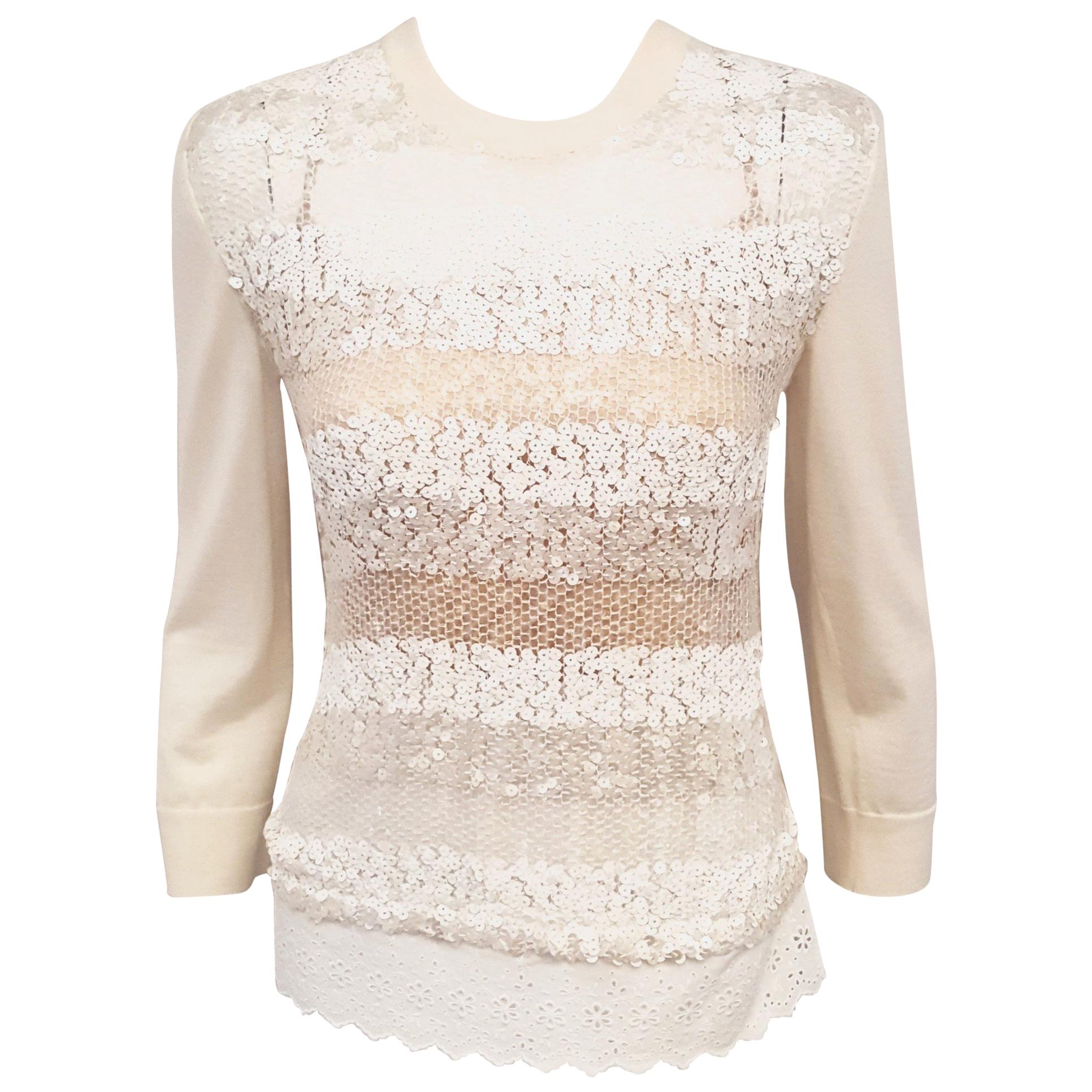 Louis Vuitton Ivory Sequin Long Sleeve Wool & Silk Crew Neck Top Size Medium For Sale