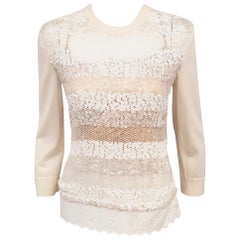 Louis Vuitton Ivory Sequin Long Sleeve Wool & Silk Crew Neck Top Size Medium