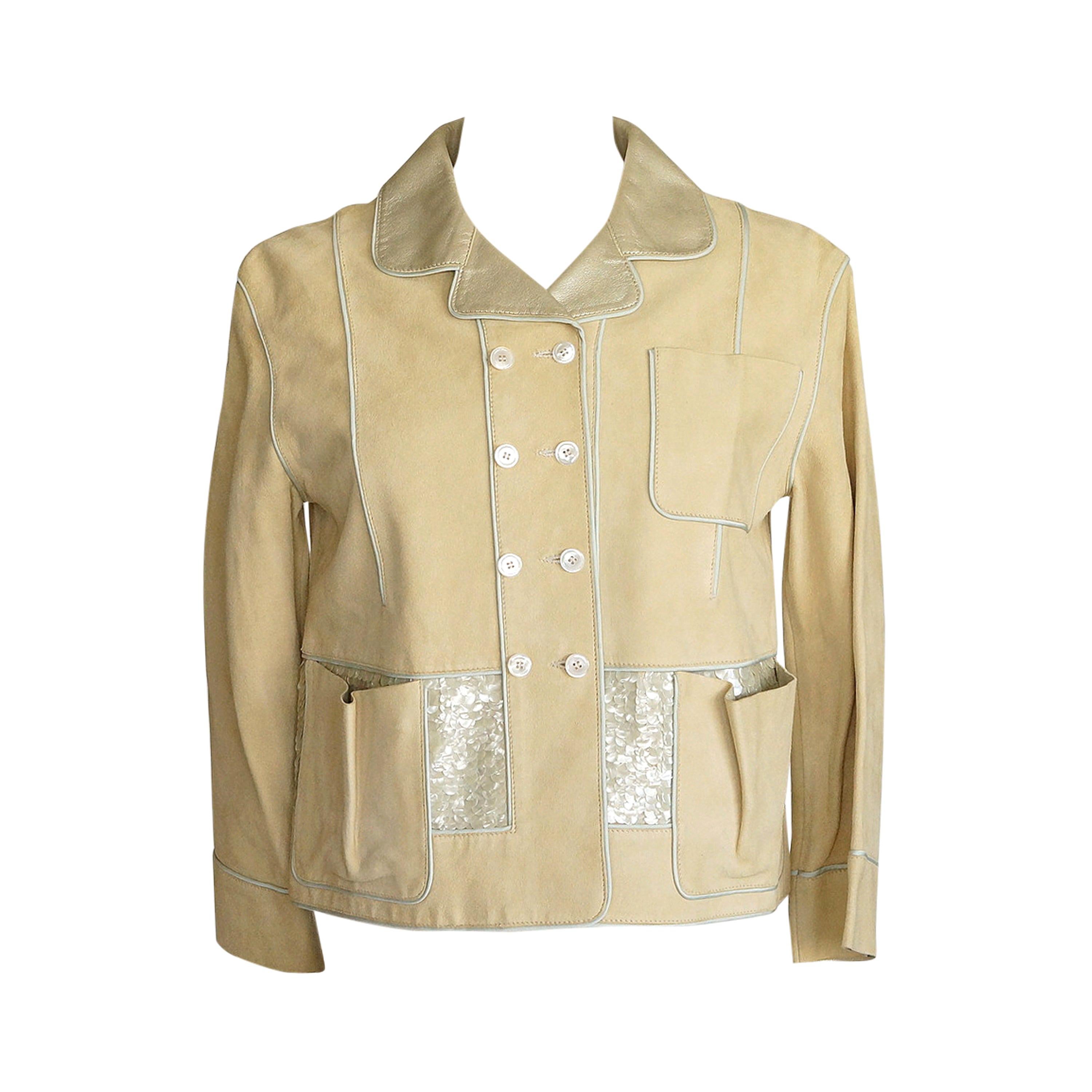 Louis Vuitton Jacket Adorned Suede Paillettes Gold Leather Collar Lining 34 /4   For Sale