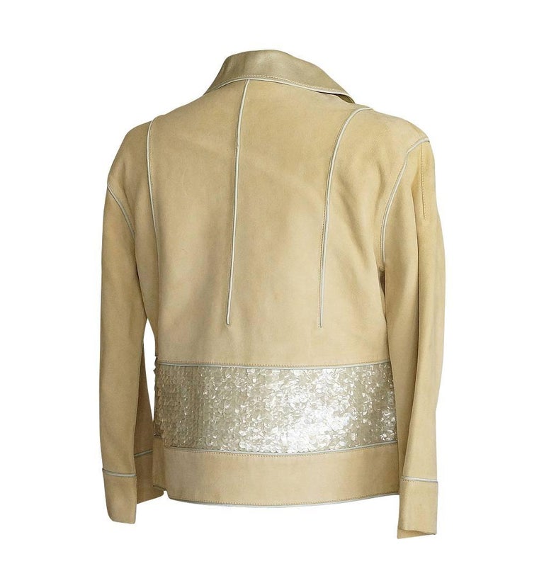 Louis Vuitton Jacket Adorned Suede Paillettes Gold Leather Collar Lining 34/4 For Sale at 1stdibs