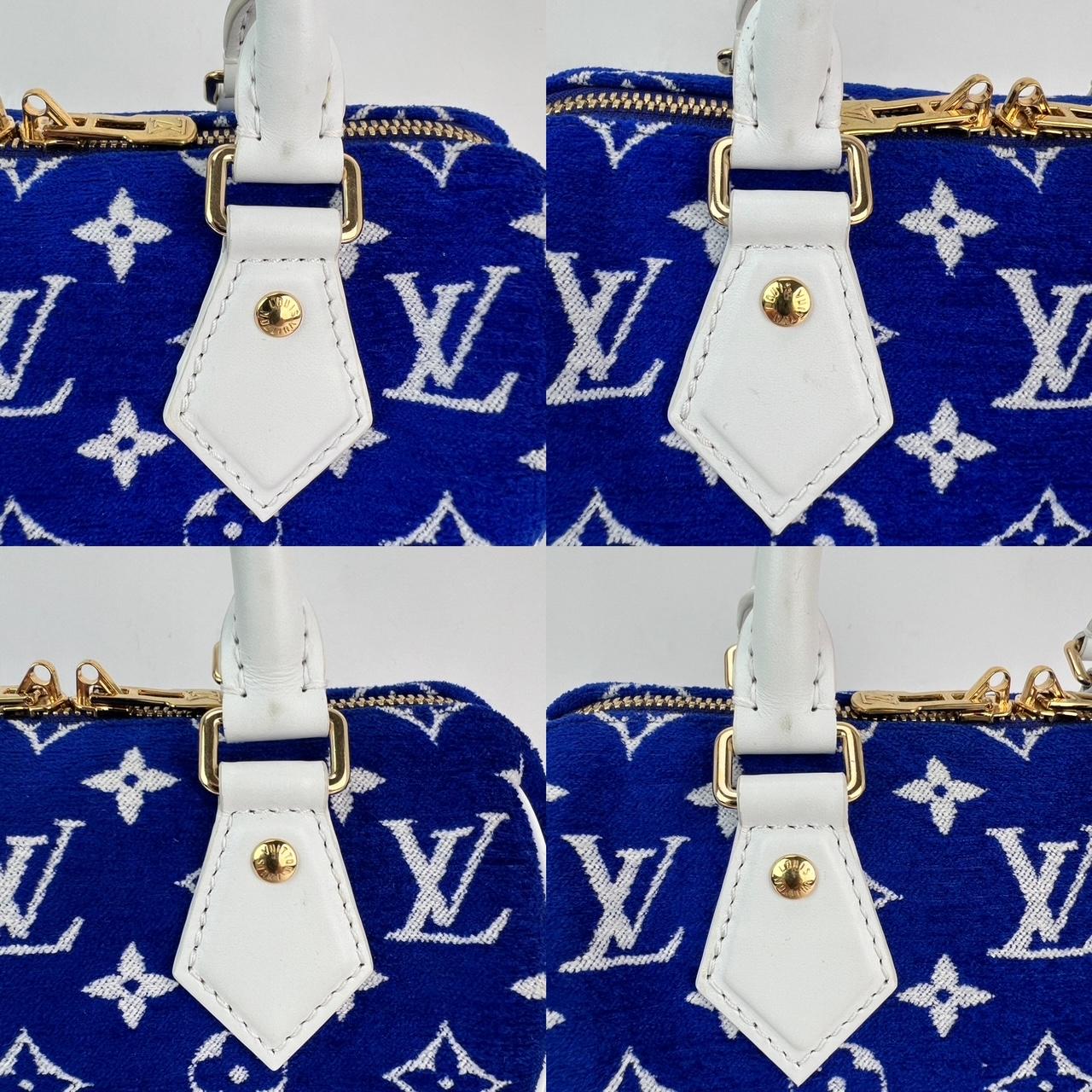 Pre-Owned  100% Authentic
Louis Vuitton Jacqard Velvet Speedy 20 Bandouliere Blue Crossbody Bag 
RATING: A...excellent, near mint, has little to no signs of wear
MATERIAL: velvet, leather trim
STRAP: LV white leather removable adjustable 41'' to