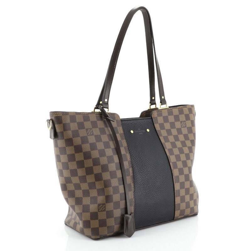 This Louis Vuitton Jersey Handbag Damier with Leather, crafted in damier ebene coated canvas with black leather, features dual flat leather handles, protective base studs, and gold-tone hardware. Its zip closure opens to a black microfiber interior