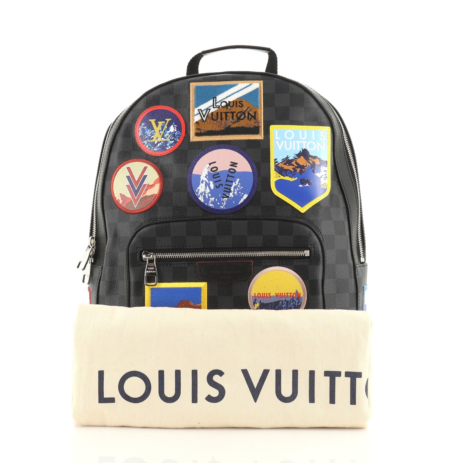 his Louis Vuitton Josh Backpack Alps Patches Damier Graphite, crafted in damier graphte coated canvas, features nylon shoulder straps, personalized patches, exterior front zip pocket and silver-tone hardware. Its zip closure opens to a black fabric