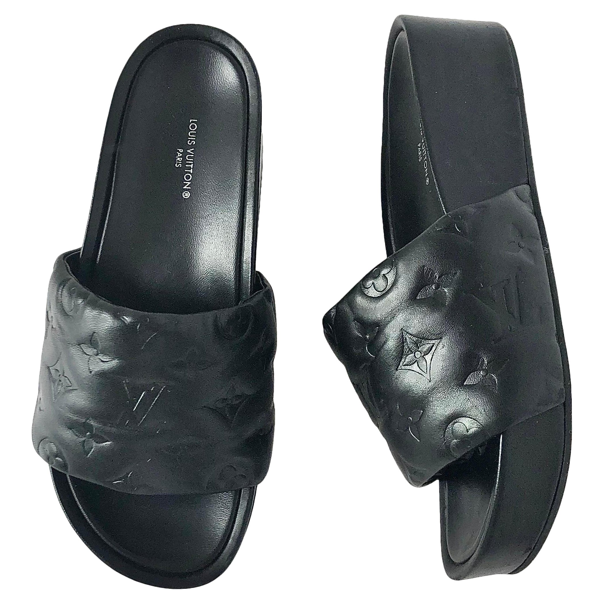 Louis Vuitton Jumbo Flatform Monogram Mules Black Leather Slip On Sandals 38