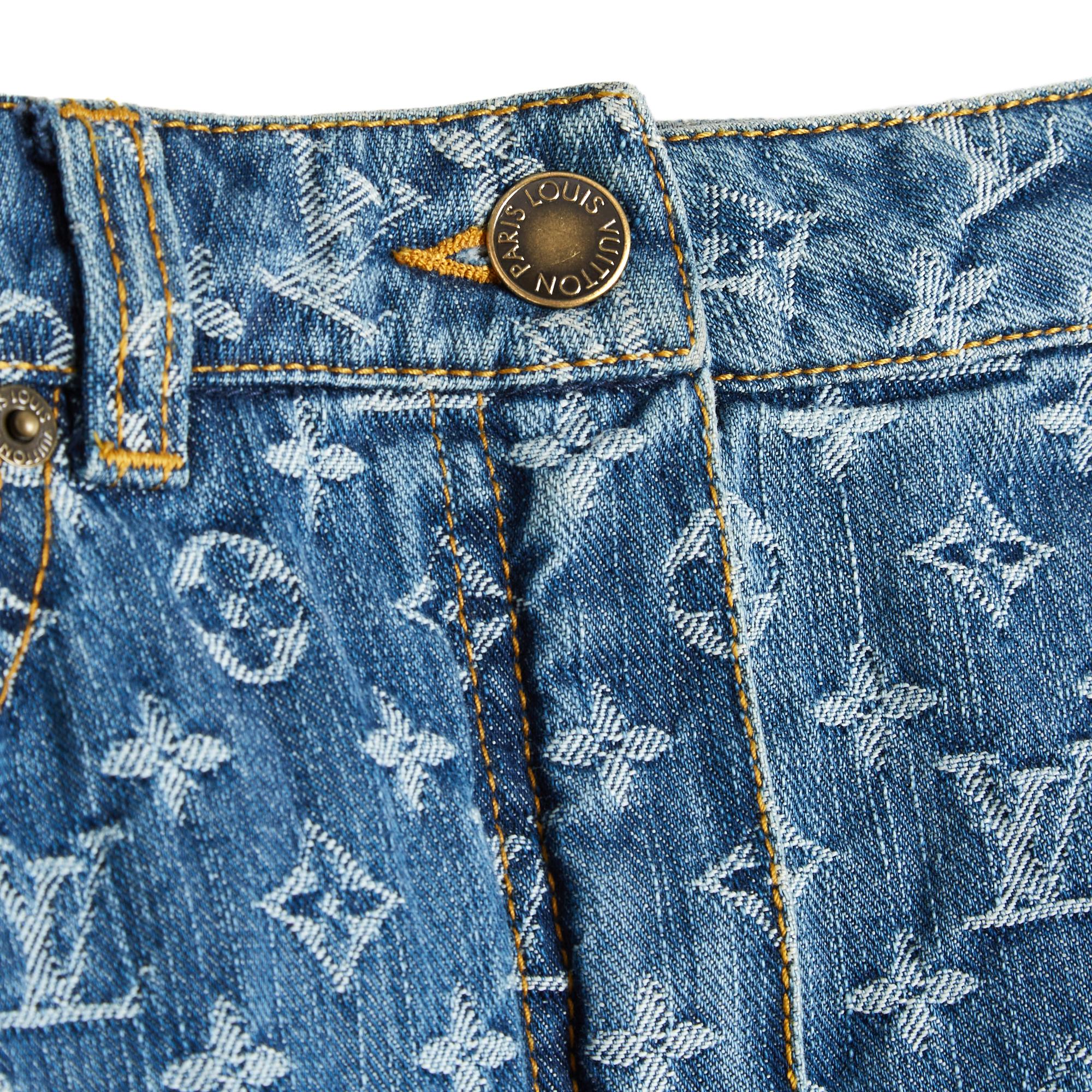Minigonna Louis Vuitton in denim di cotone blu con motivo Monogram LV, 5 tasche 