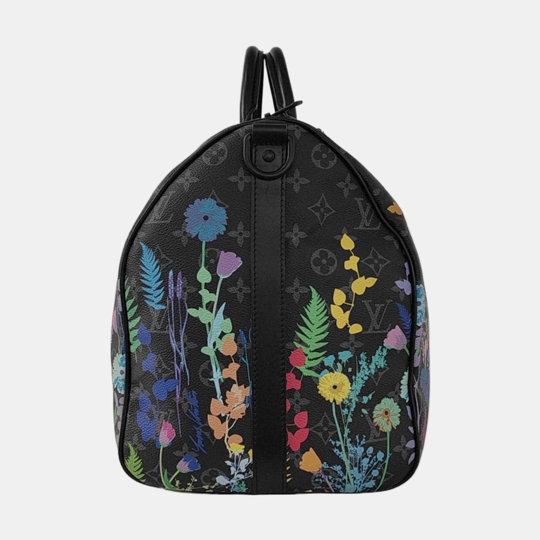 Louis Vuitton Keepall 50 Bandouliere Negro Monograma Estampado Flores en Excelente Estado en AUBERVILLIERS, FR