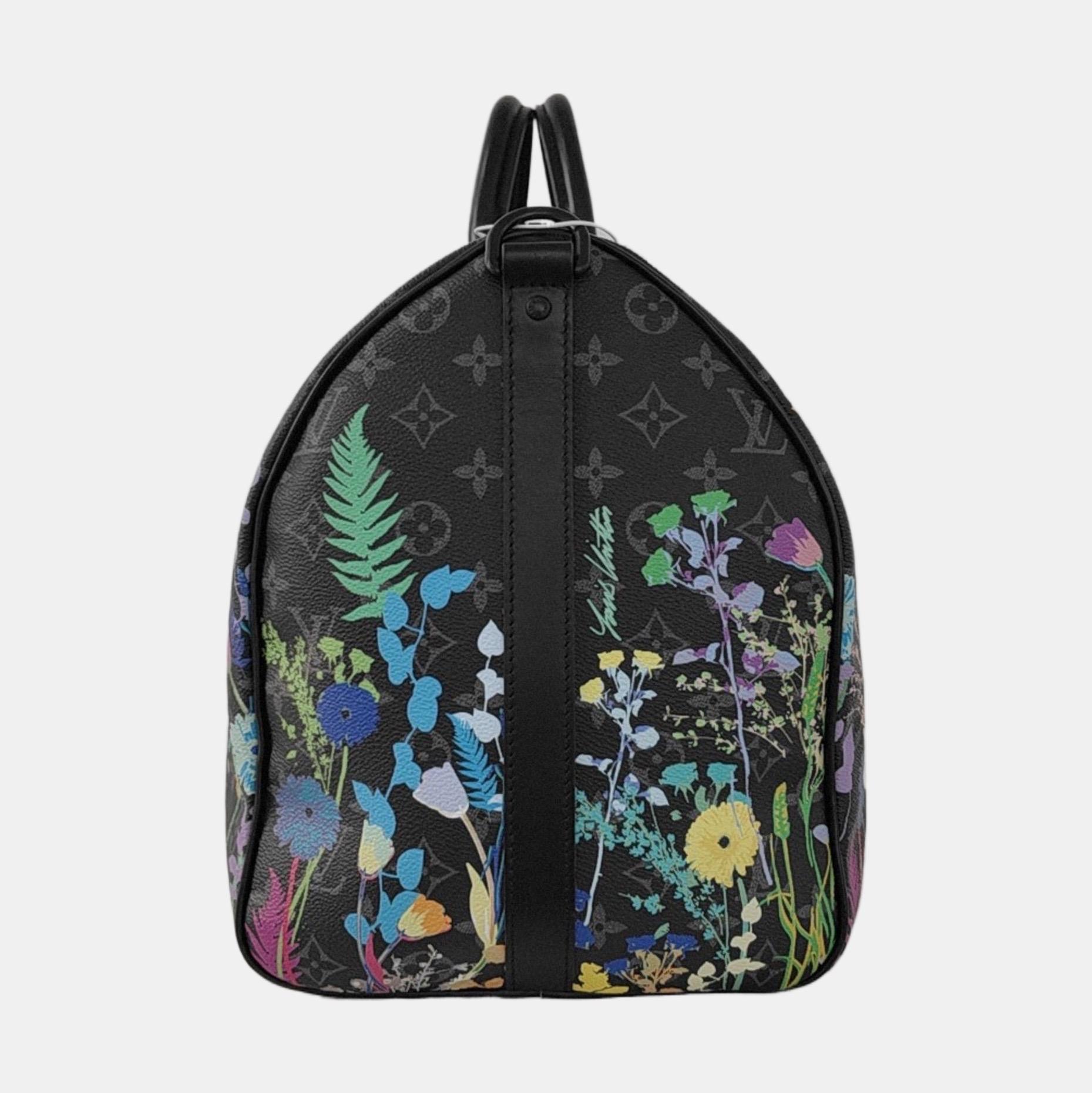 De las mujeres Louis Vuitton Keepall 50 Bandouliere Negro Monograma Estampado Flores