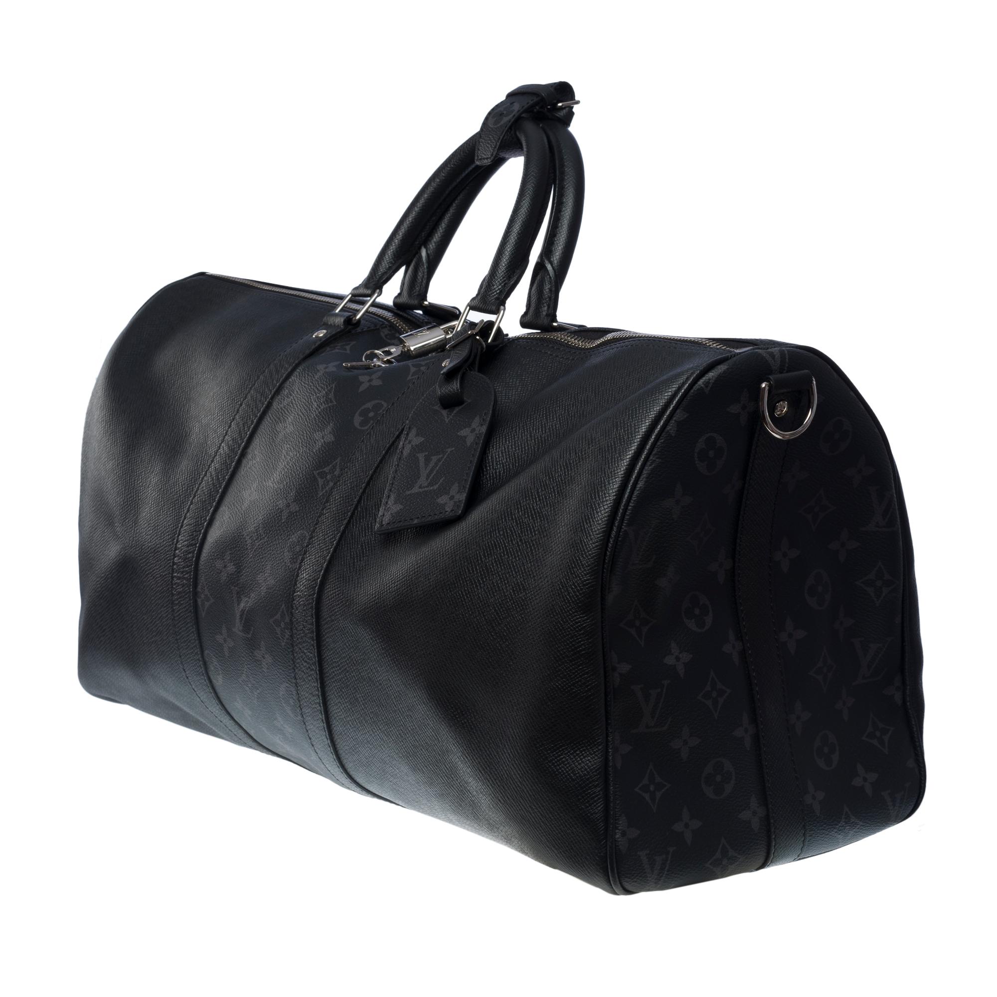 Sac de voyage Louis Vuitton Keepall 50 Taigarama en toile noire et cuir, SHW Excellent état - En vente à Paris, IDF