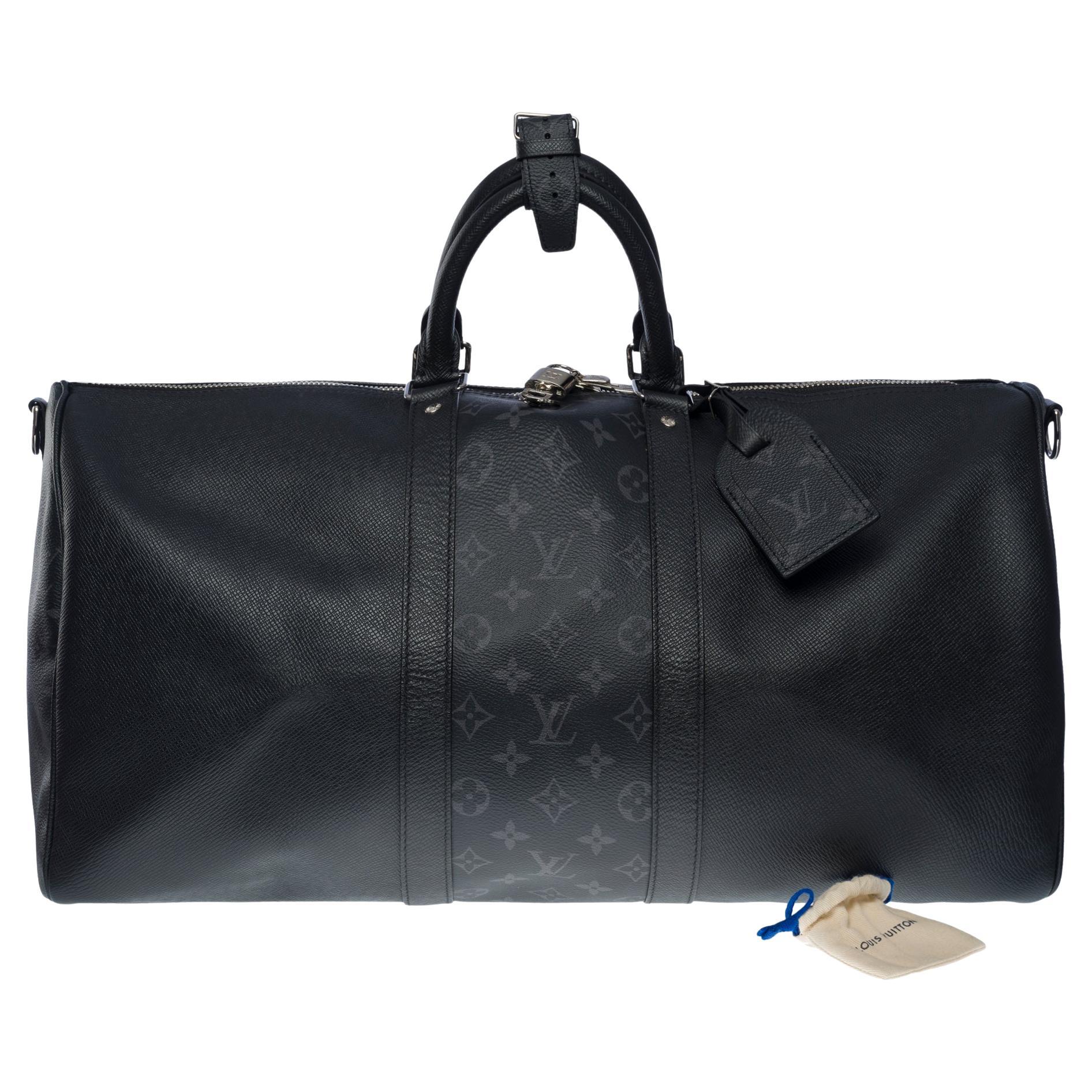 Sac de voyage Louis Vuitton Keepall 50 Taigarama en toile noire et cuir, SHW en vente