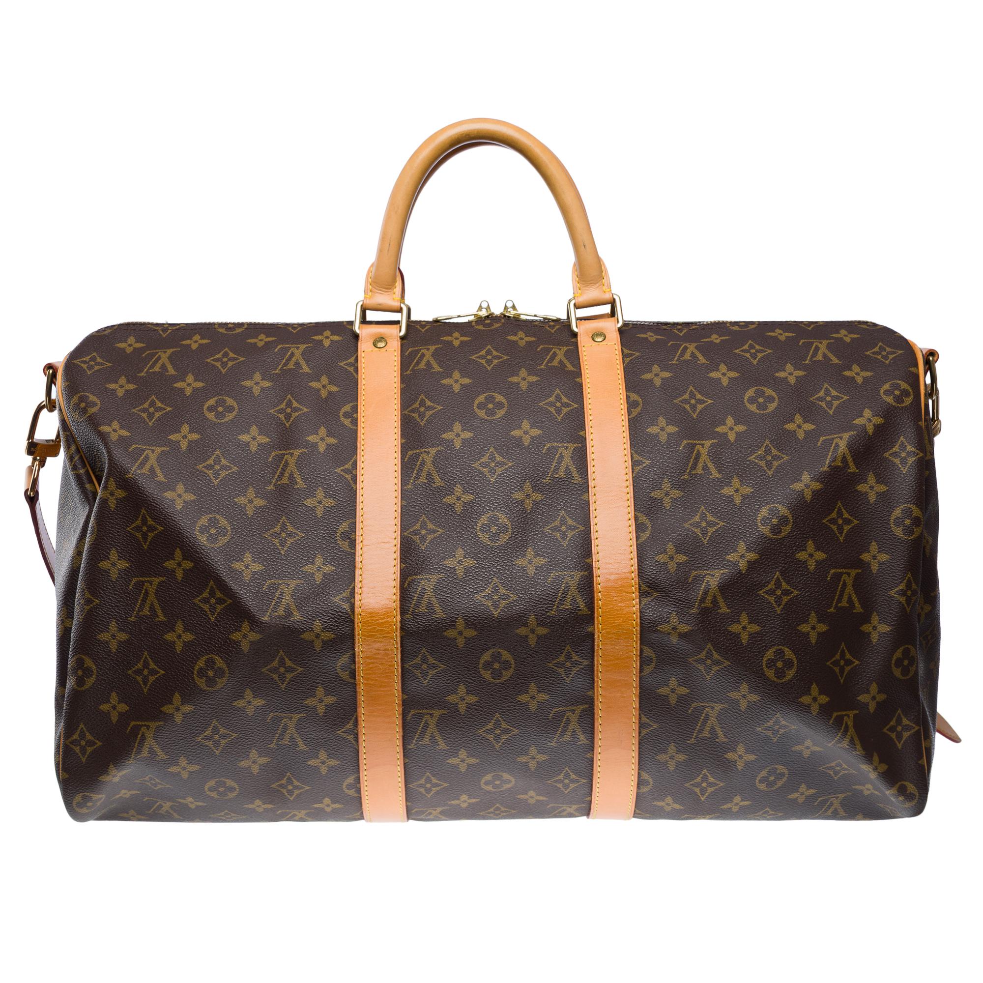 Black Louis Vuitton keepall 50 Travel bag in brown canvas and natural leather, GHW For Sale