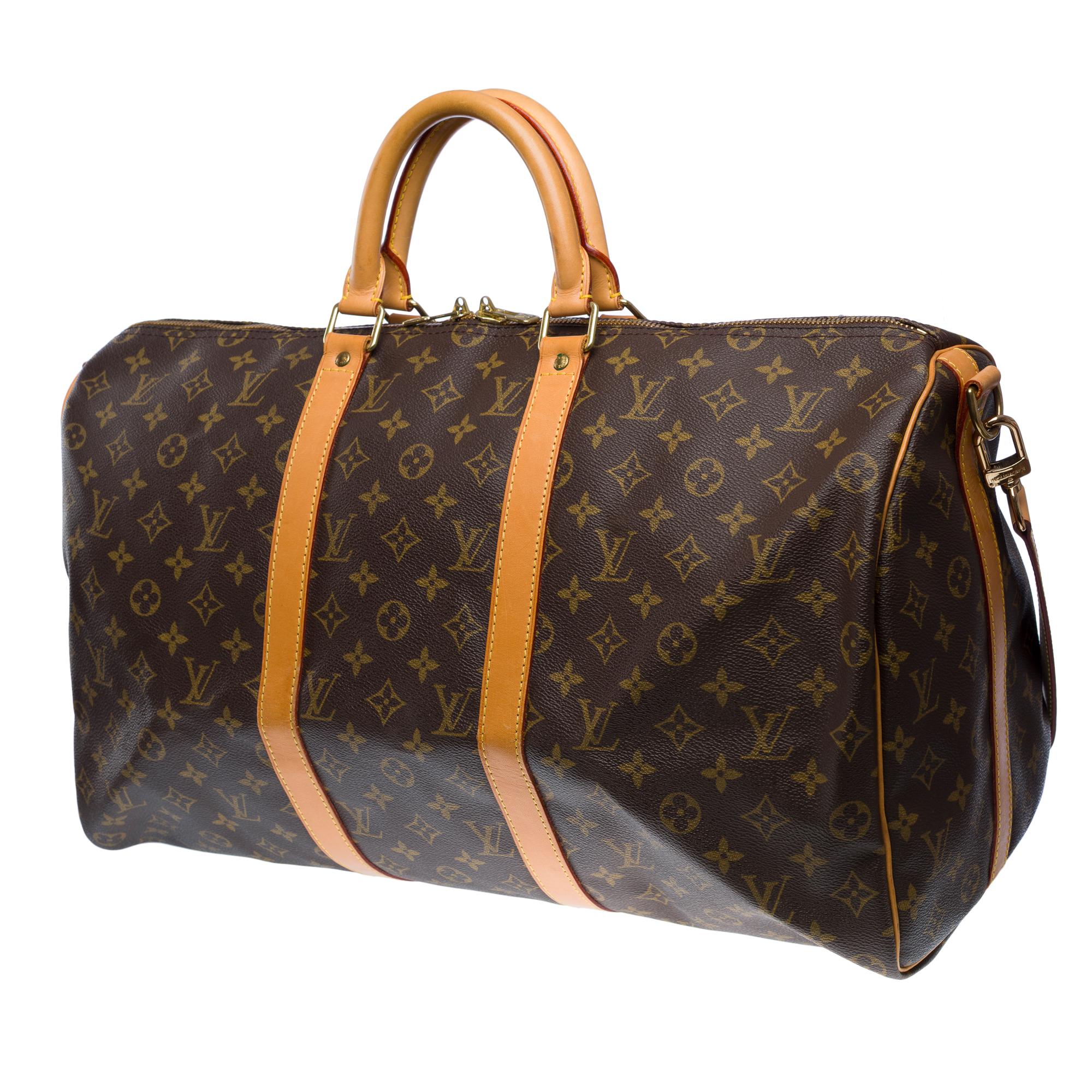 Louis Vuitton keepall 50 Travel bag in brown canvas and natural leather, GHW In Good Condition For Sale In Paris, IDF