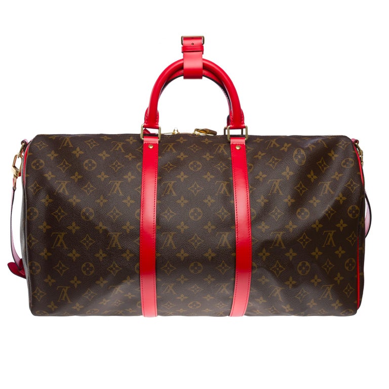 Louis Vuitton Keepall 50 Travel bag in brown canvas and red leather , GHW  For Sale at 1stDibs