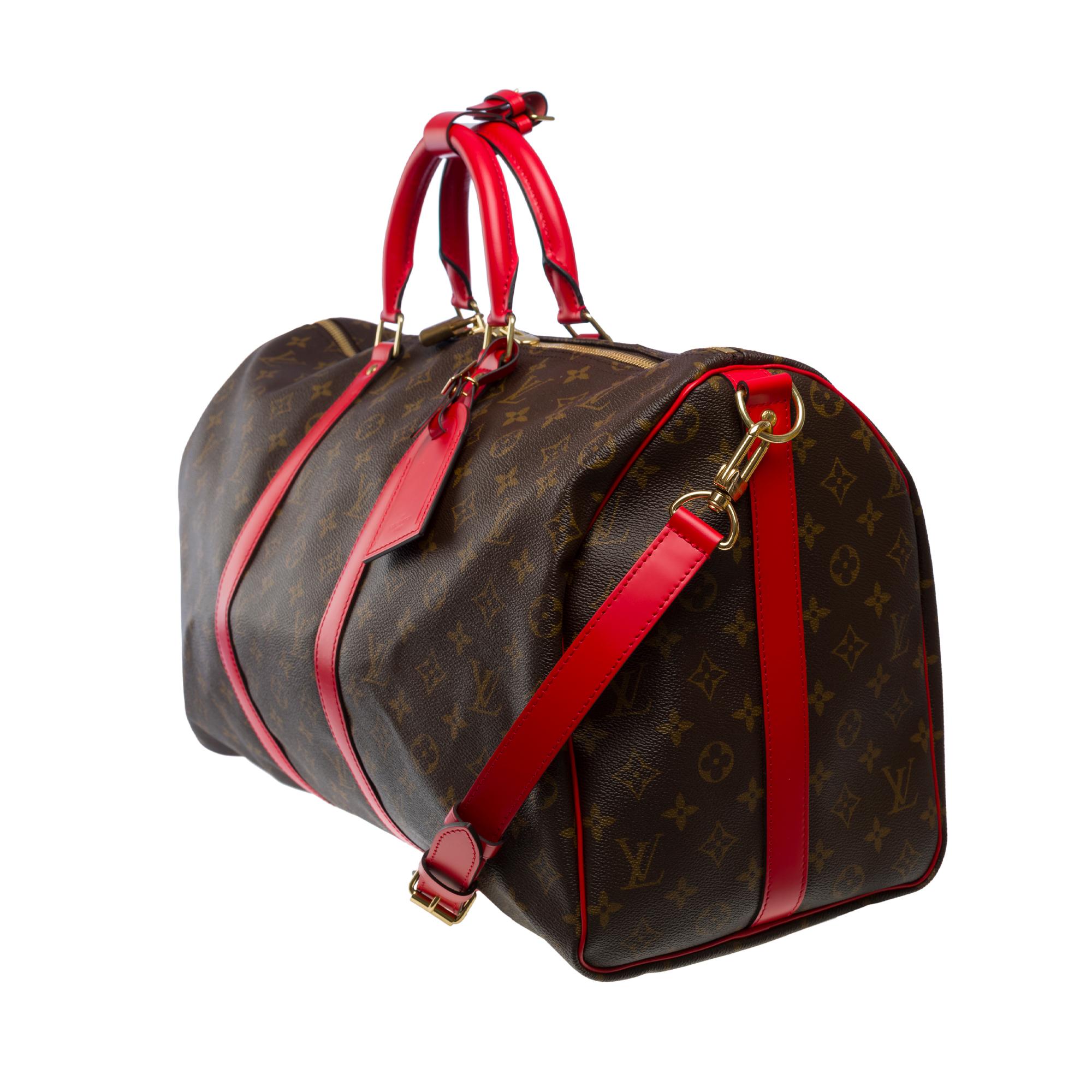 Louis Vuitton Keepall 50 Travel bag in brown canvas and red leather , GHW In Excellent Condition In Paris, IDF