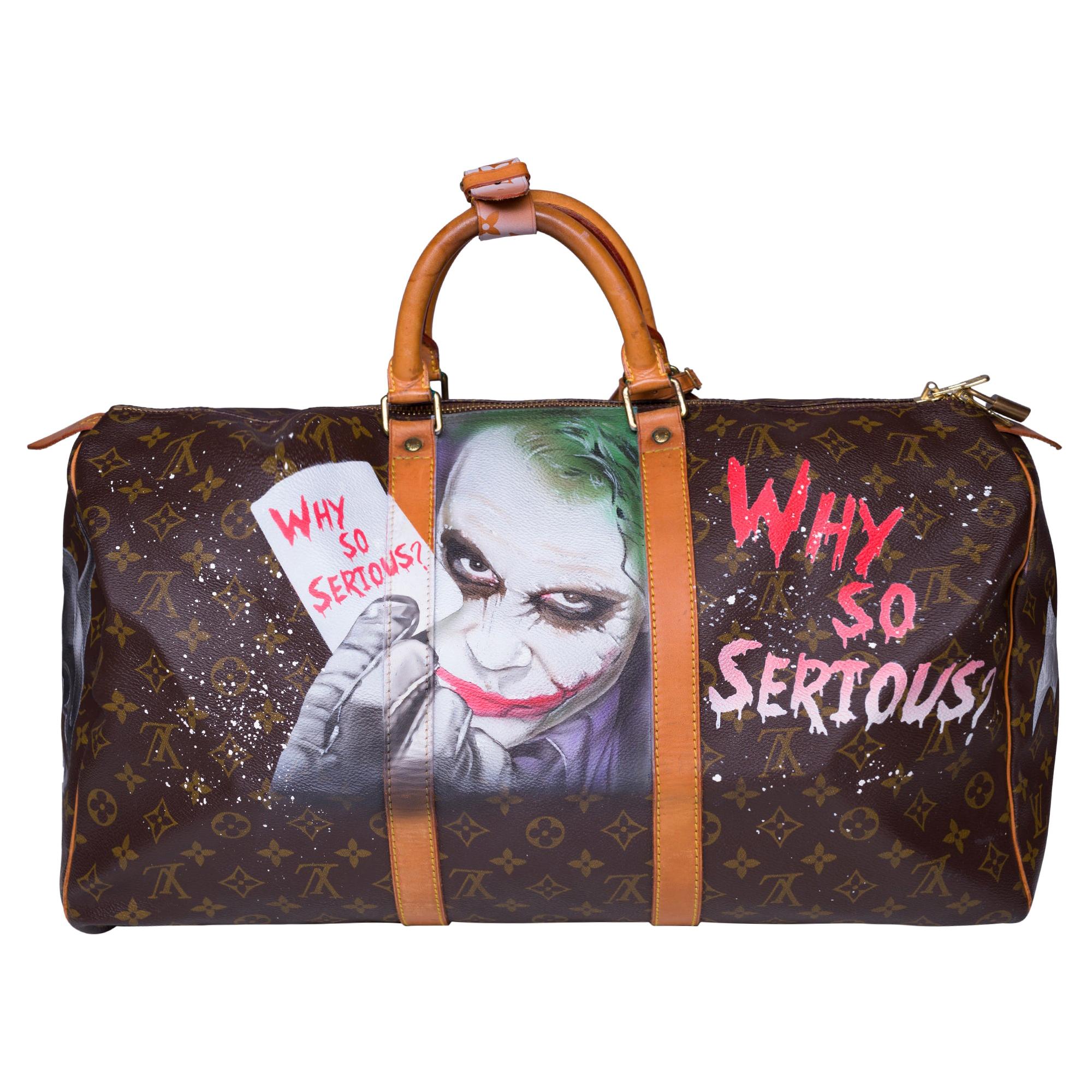 Louis Vuitton Keepall 50 Travel bag in brown canvas customized "Batman Vs Joker"