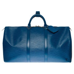 Used Louis Vuitton Keepall 50 Travel bag in cobalt blue épi leather