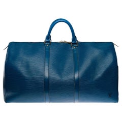 Used Louis Vuitton Keepall 50 Travel bag in cobalt blue épi leather