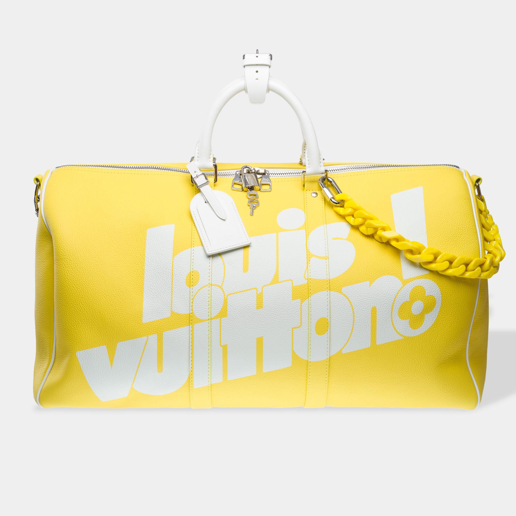 Stunning​ ​Louis​ ​Vuitton​ ​Keepall​ ​50​ ​Limited​ ​Edition​ ​Virgil​ ​Abloh​ ​Fall-Winter​ ​2021​ ​Travel​ ​bag​ ​strap​ ​in​ ​yellow​ ​grained​ ​leather,​ ​silver​ ​metal​ ​trim,​ ​double​ ​handle​ ​and​ ​removable​ ​white​ ​leather​ ​shoulder​