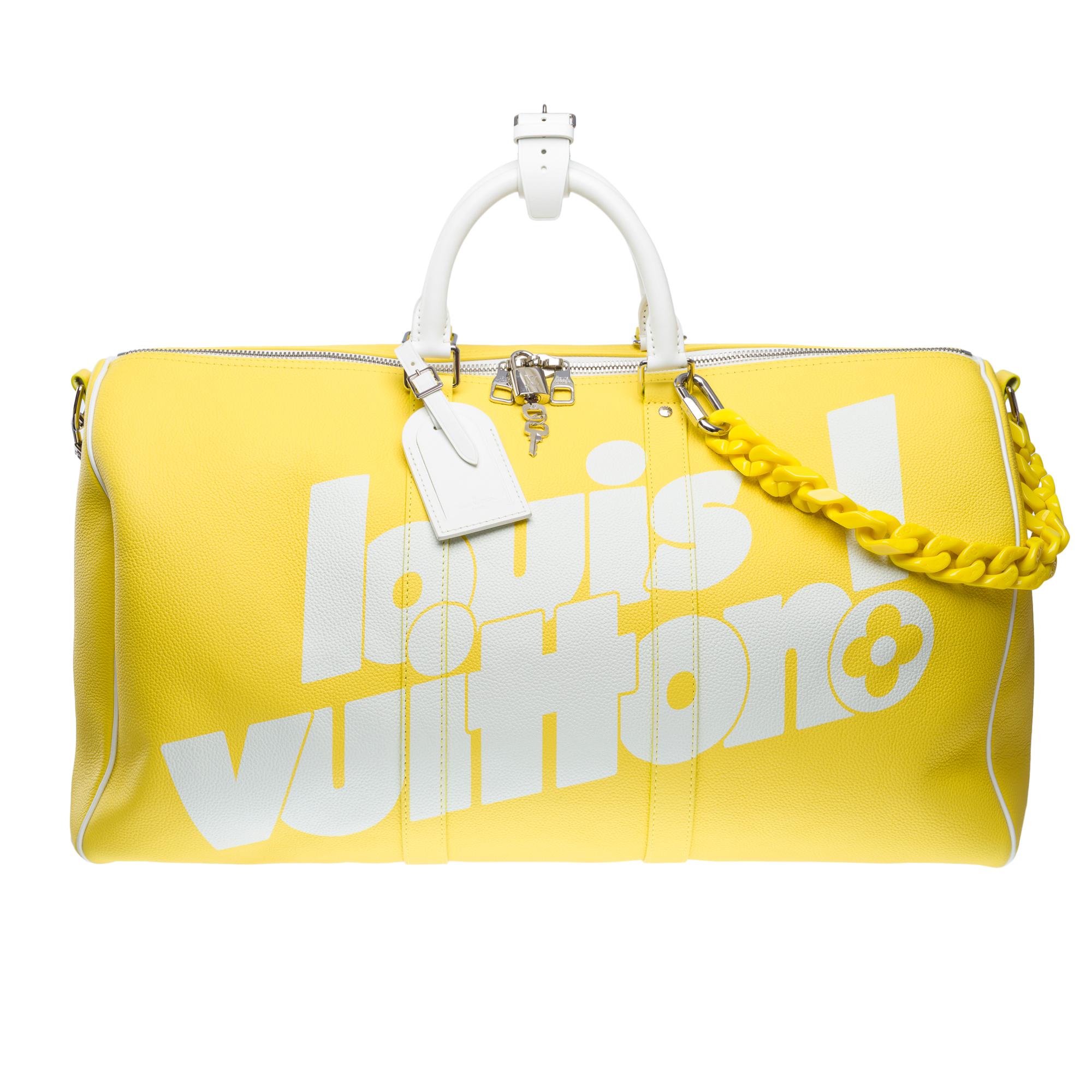 Yellow Louis Vuitton Keepall 50 Travel bag strap in yellow grained leather, PHW For Sale