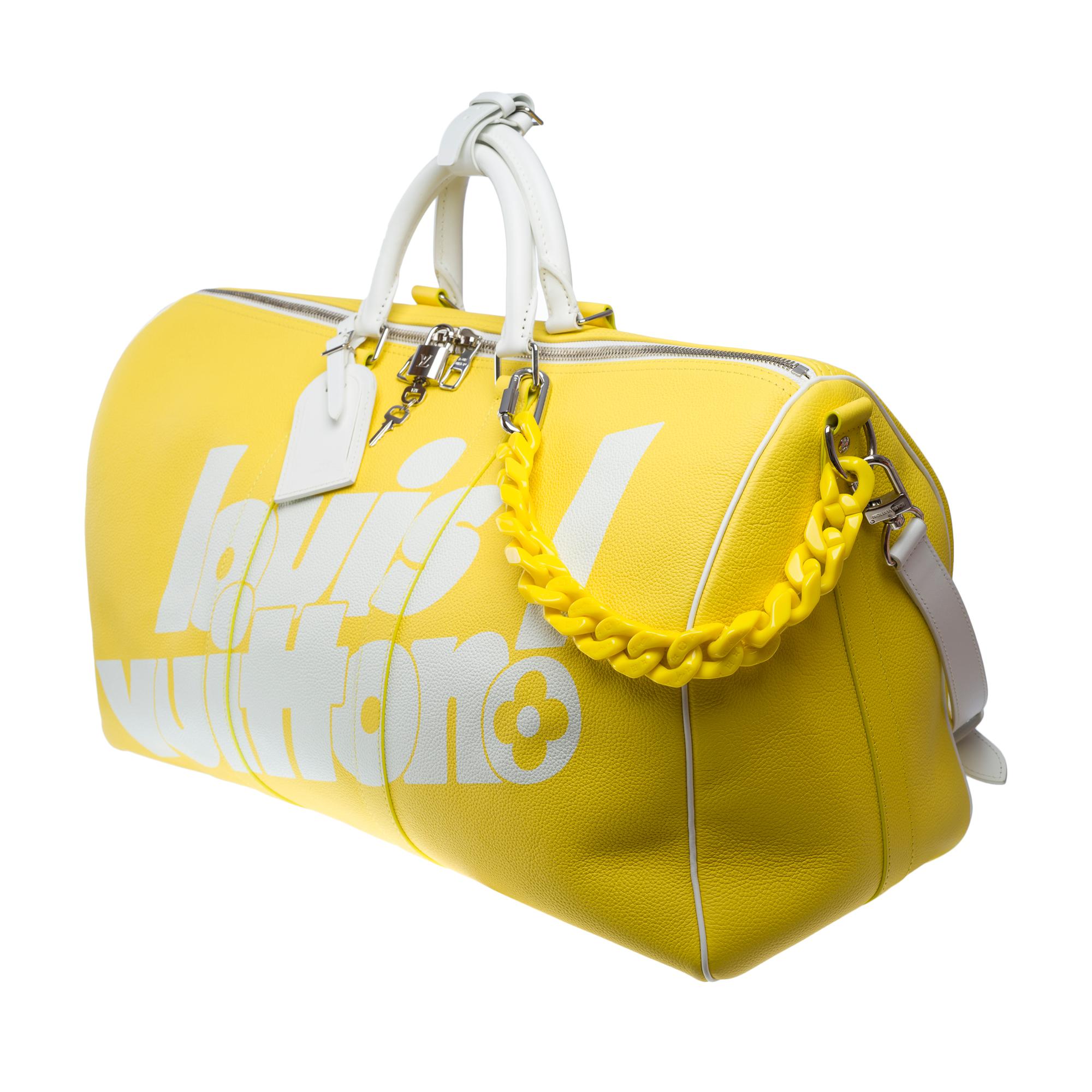 Women's or Men's Louis Vuitton Keepall 50 Travel bag strap in yellow grained leather, PHW For Sale