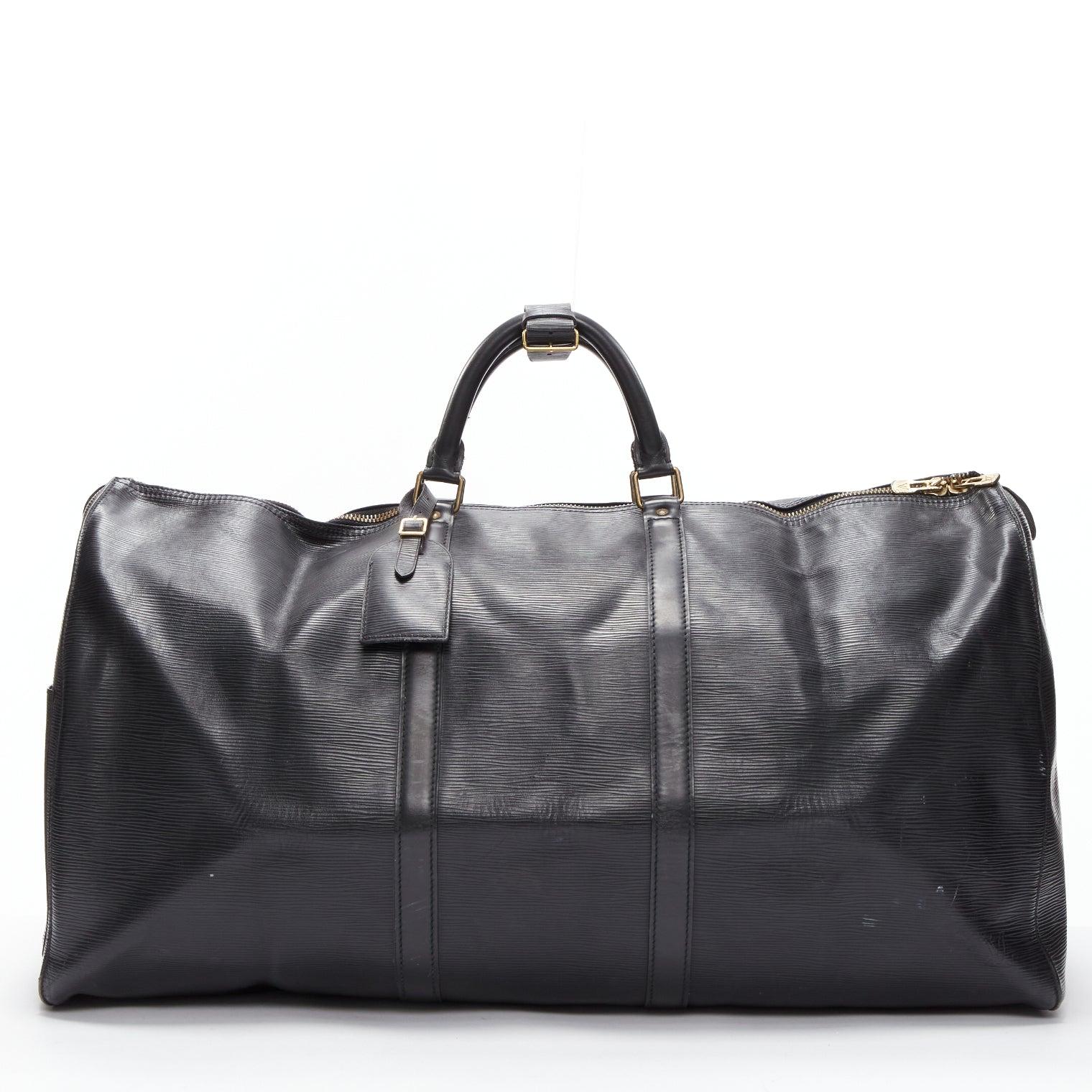 LOUIS VUITTON Keepall 55 black epi leather LV logo GHW travel bag For Sale