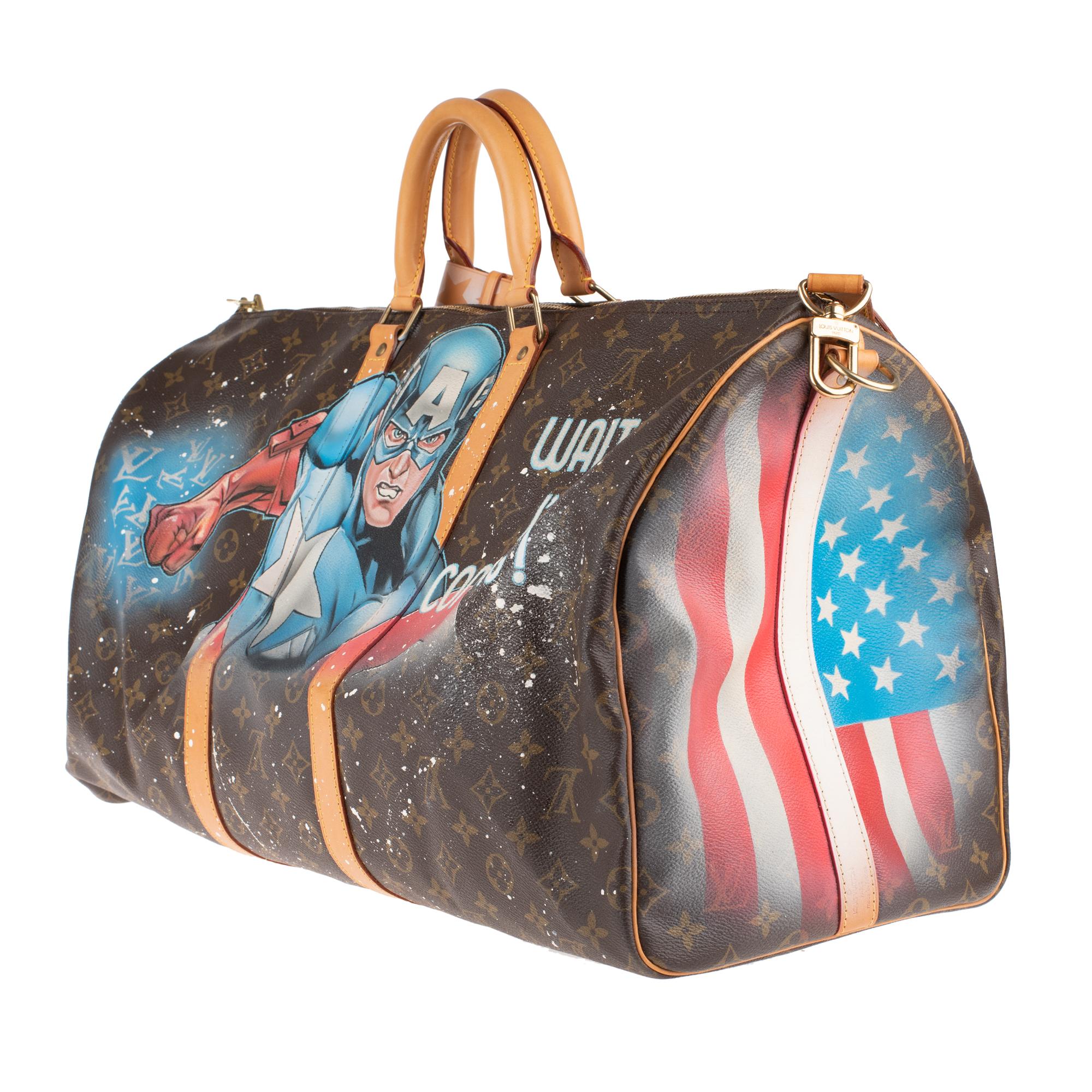 Louis Vuitton Keepall 55 Reisetasche mit Riemen, maßgefertigt „Captain America“ von Patbo! für Damen oder Herren