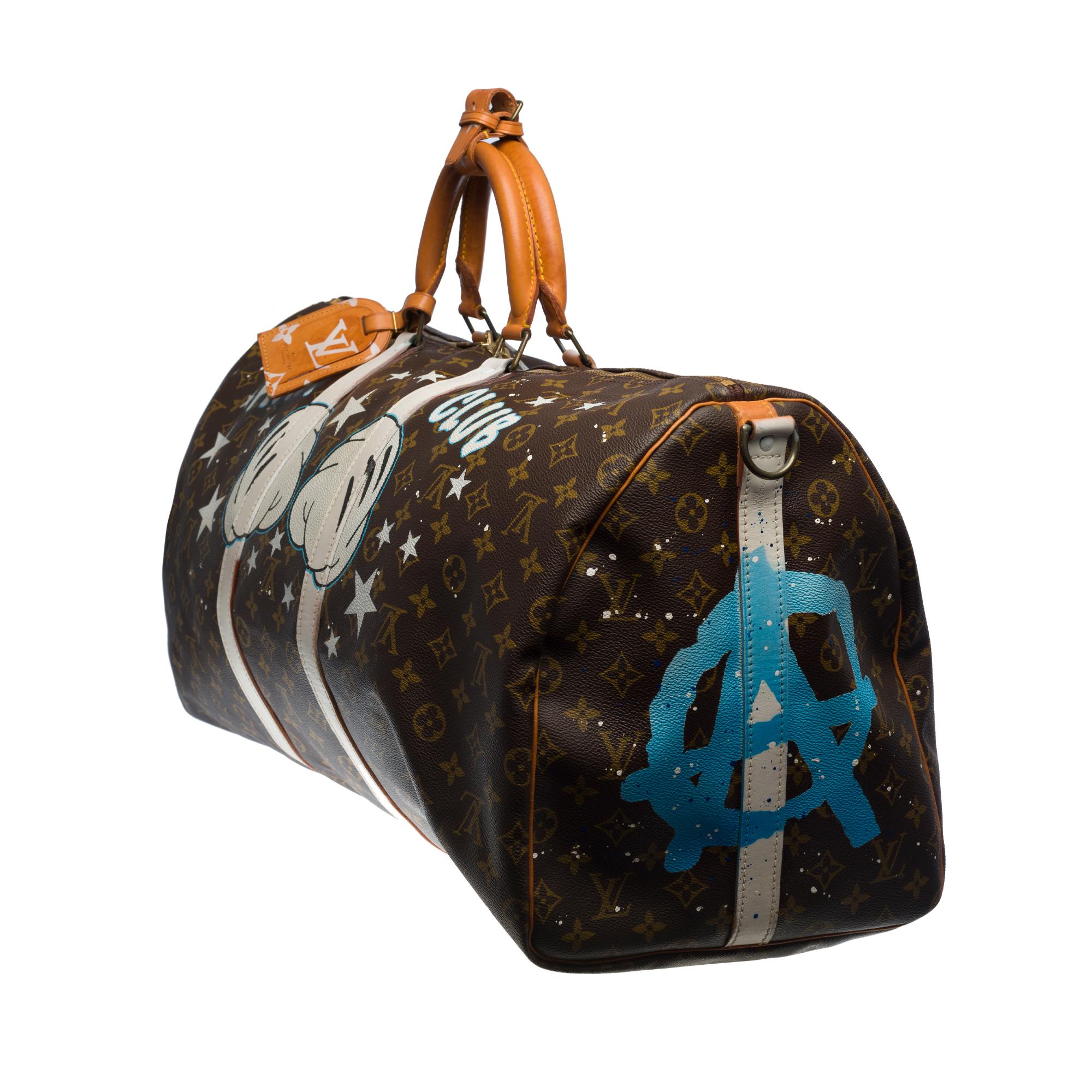 Black Louis Vuitton Keepall 55 strap Travel bag customized 