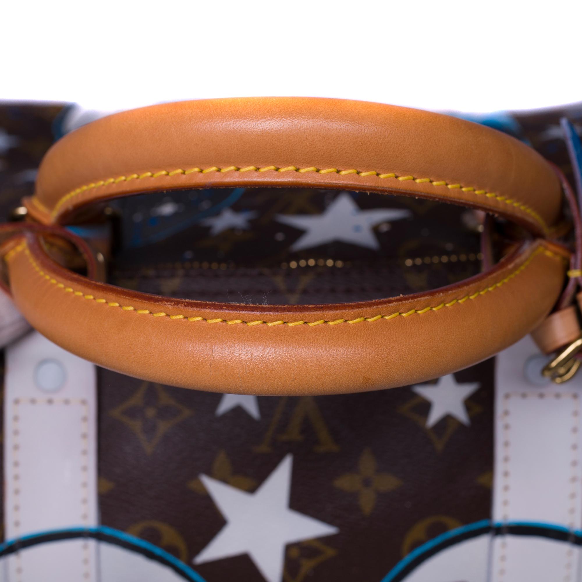 Exceptional travel bag Louis Vuitton Keepall 55 cm strap in monogram brown canvas and natural leather personalized by our Street Art artist Patbo on the theme of 