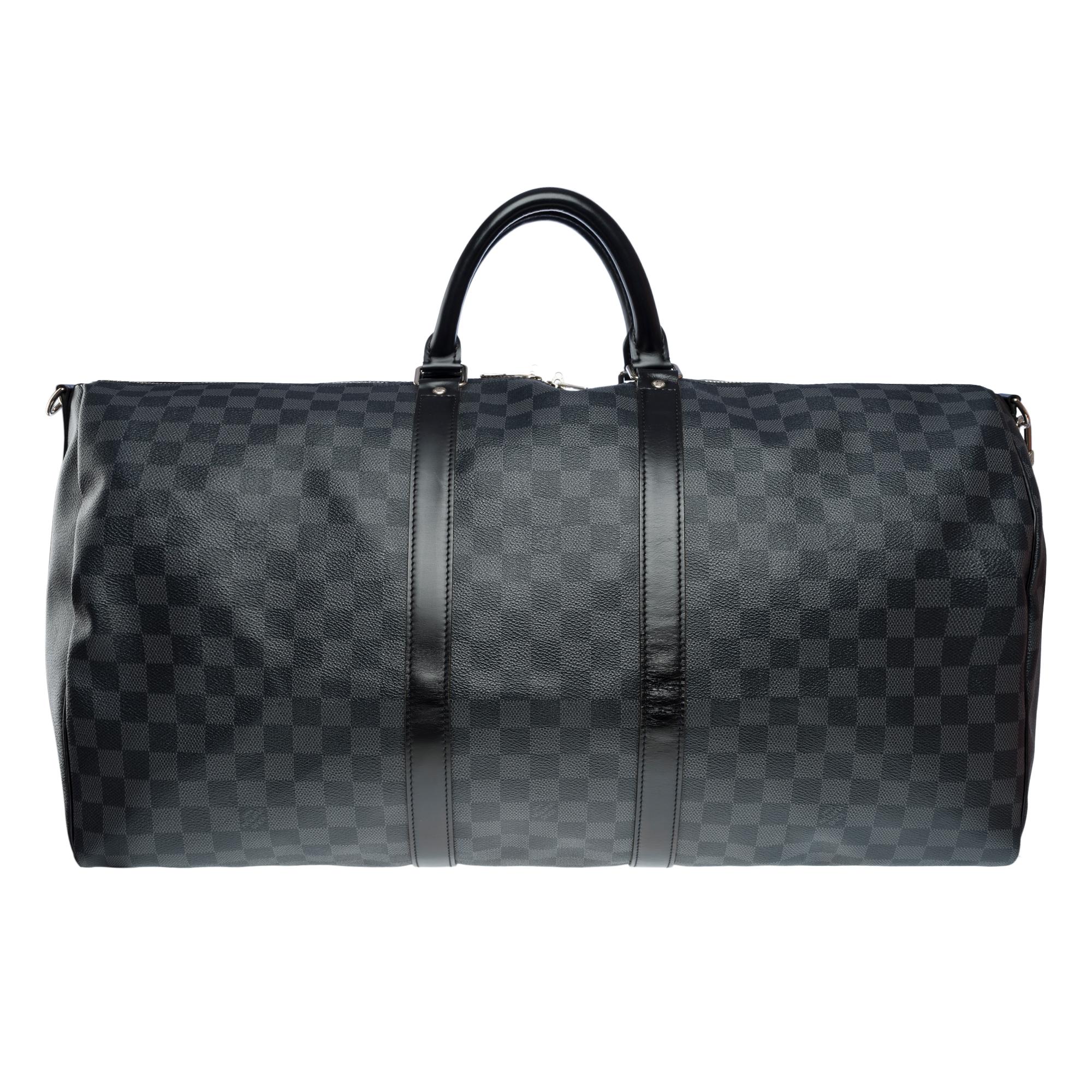 Black Louis Vuitton Keepall 55 travel bag in graphite checkered canvas, PHW