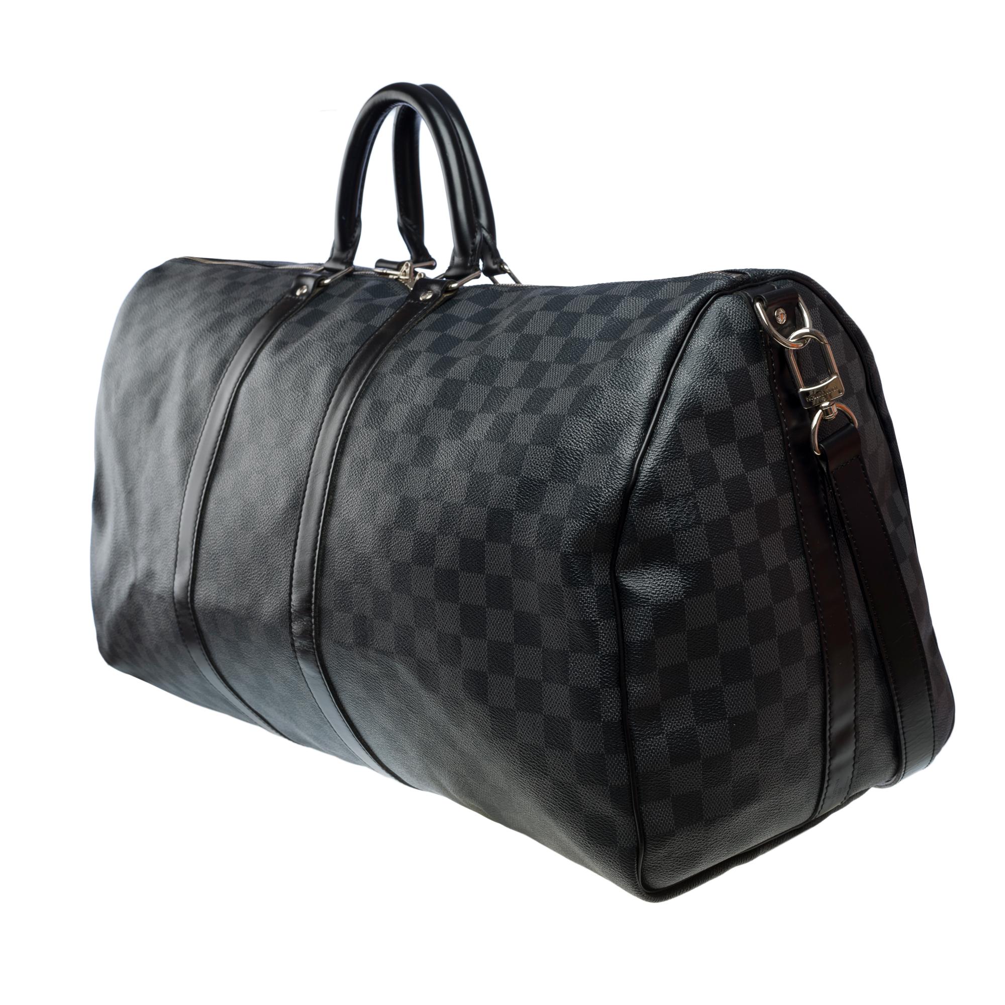 Women's or Men's Louis Vuitton Keepall 55 travel bag in graphite checkered canvas, PHW