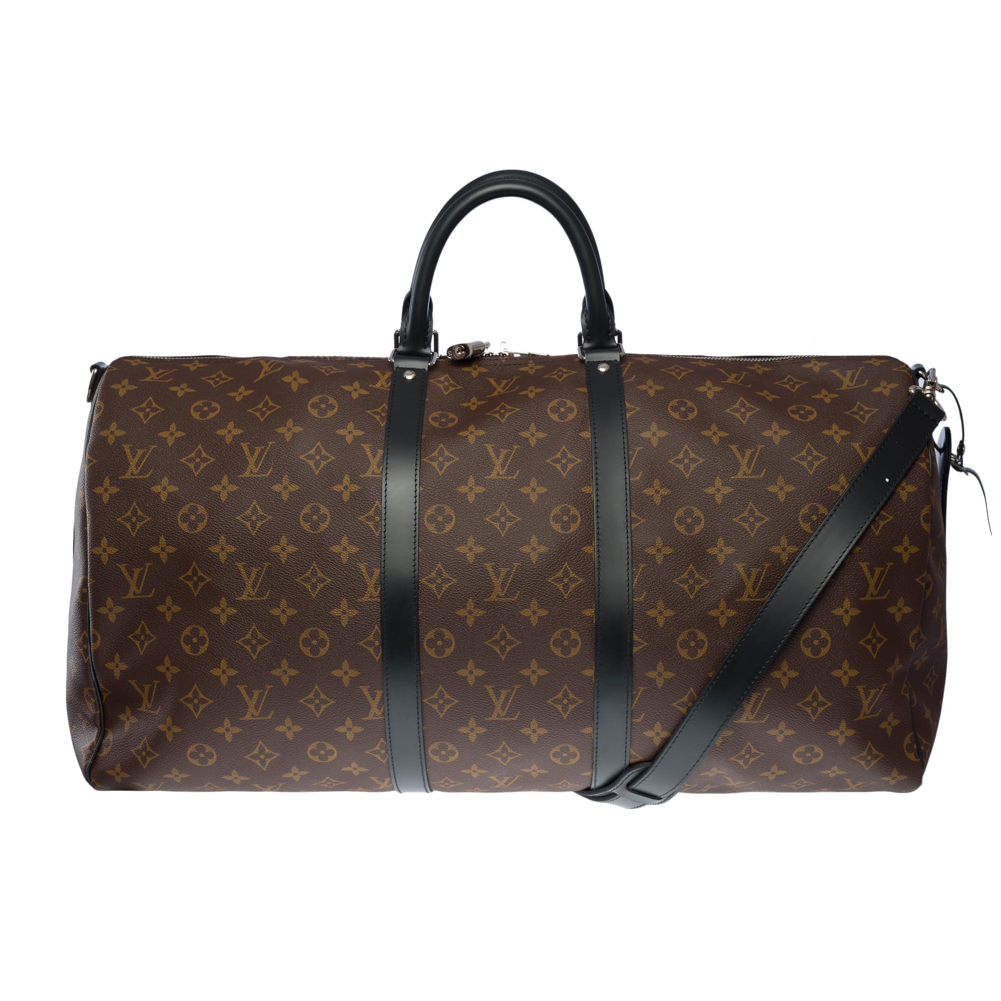 Very​​ ​​Chic​​ ​​Louis​​ ​​Vuitton​​ ​​Keepall​​ ​​55​​ ​​Travel​​ ​​bag​​ ​​strap​​ ​​in​​ ​​brown​​ ​​Macassar​​ ​​canvas​​ ​​and​​ ​​brown​​ ​​leather​​ ​​shoulder​​ ​​strap,​​ ​​silver-tone​​ ​​metal​​ ​​trim,​​ ​​double​​ ​​black​​ ​​leather​​