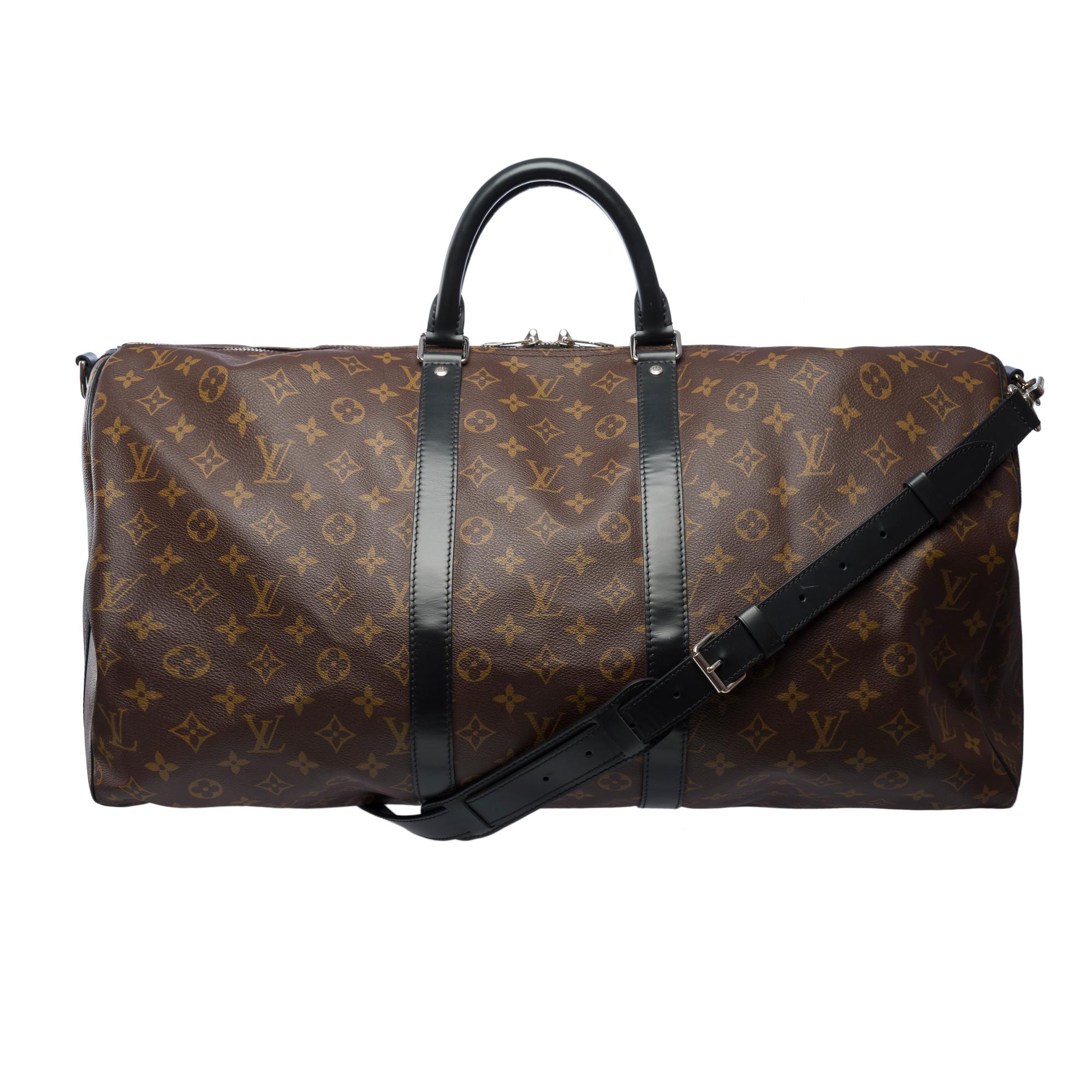 Louis Vuitton Keepall 55 Travel bag strap in brown Macassar Monogram canvas, PHW In Good Condition In Paris, IDF